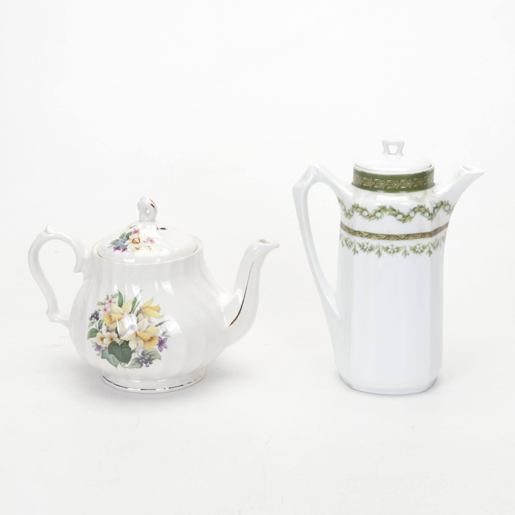 RS Prussia Coffee Pot with English and Other Teacups and Tableware, 20th Century