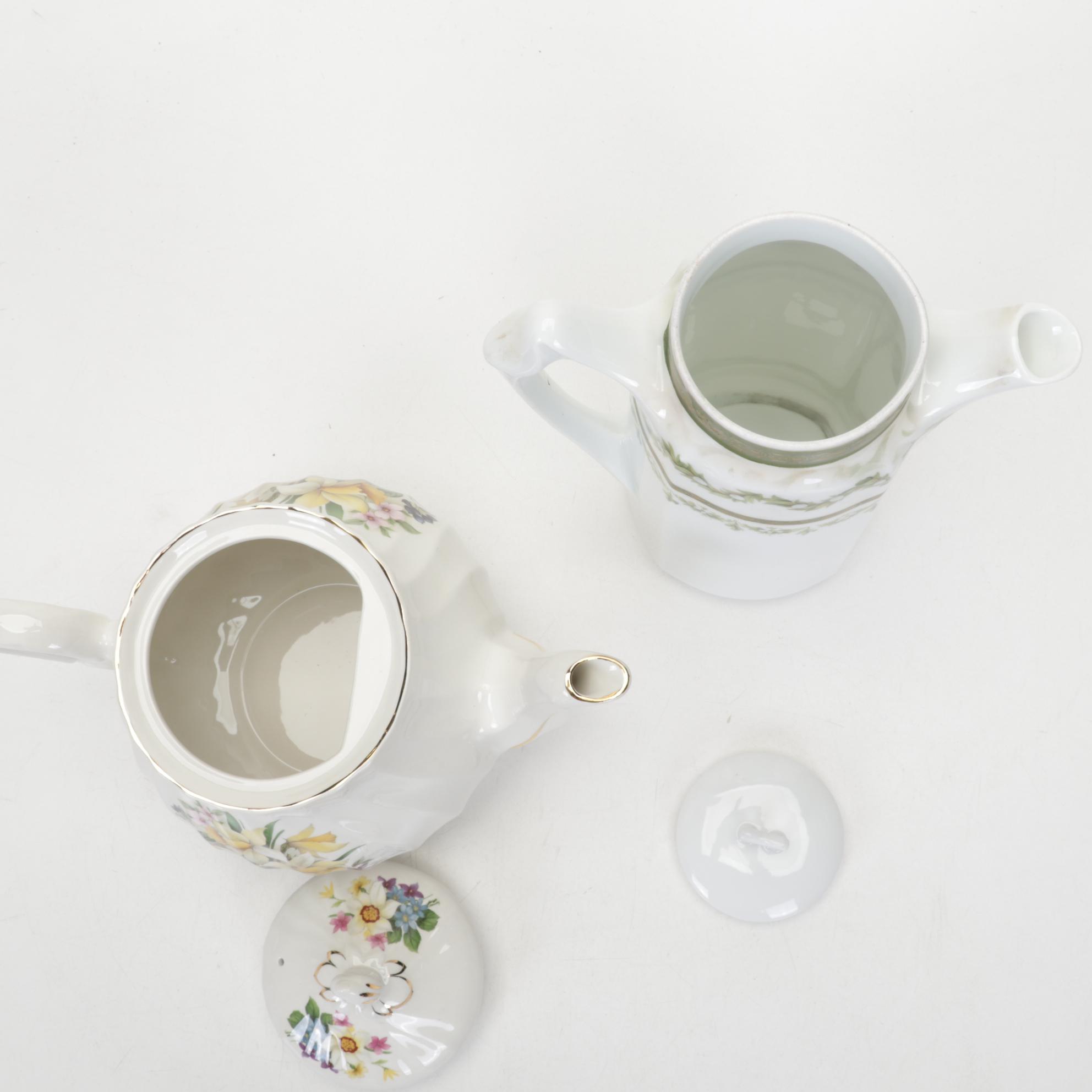 RS Prussia Coffee Pot with English and Other Teacups and Tableware, 20th Century