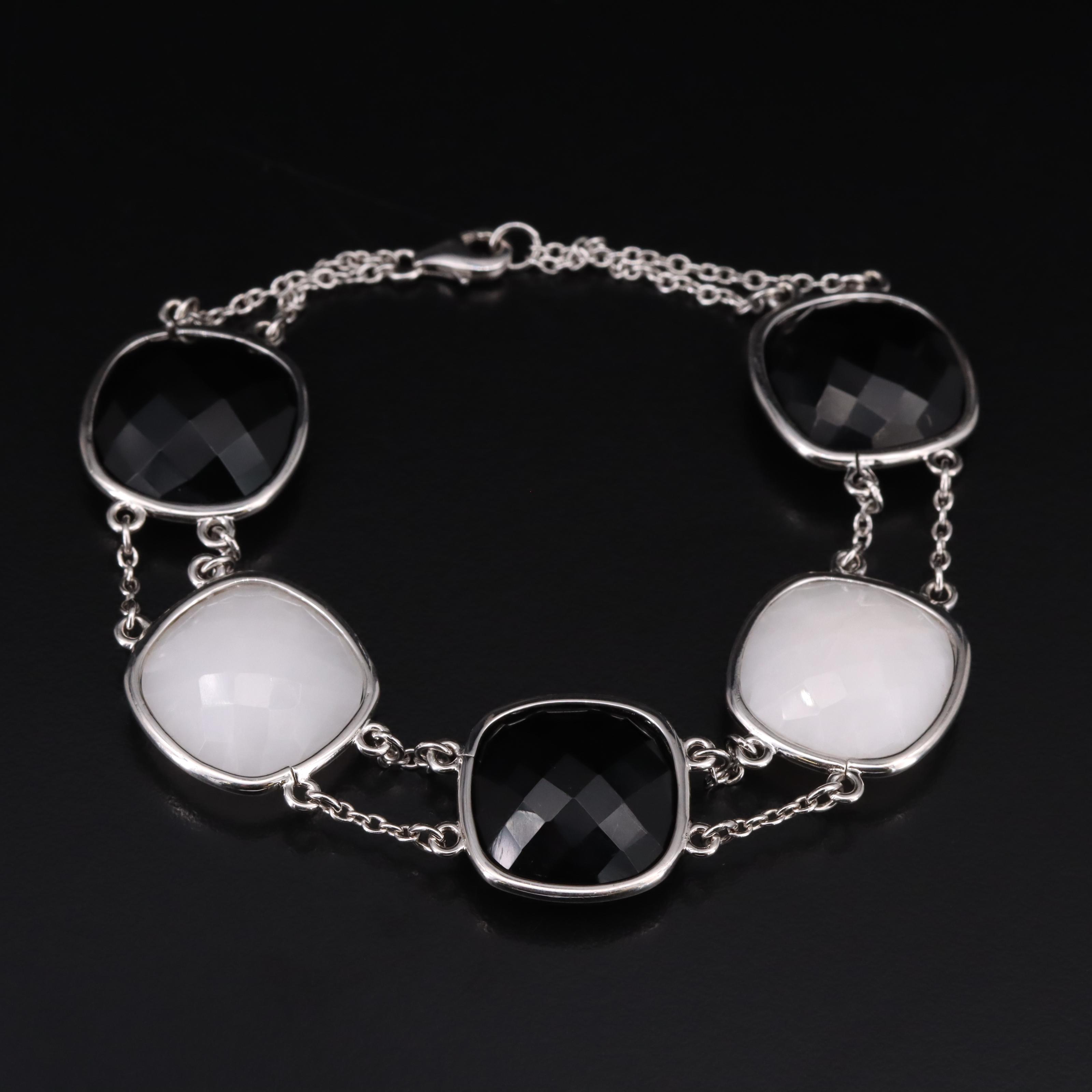 Sterling Black Onyx and Quartz Station Bracelet