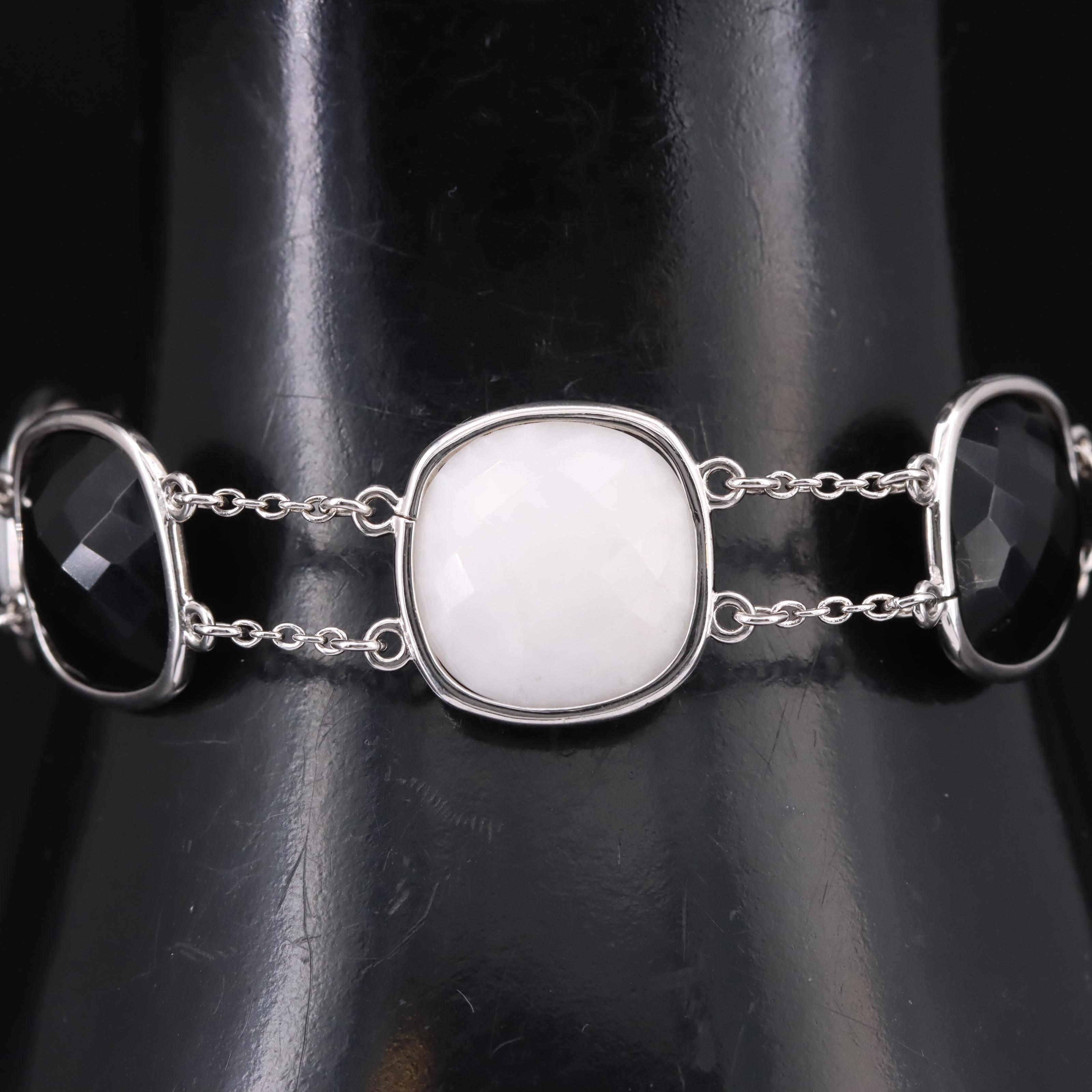 Sterling Black Onyx and Quartz Station Bracelet