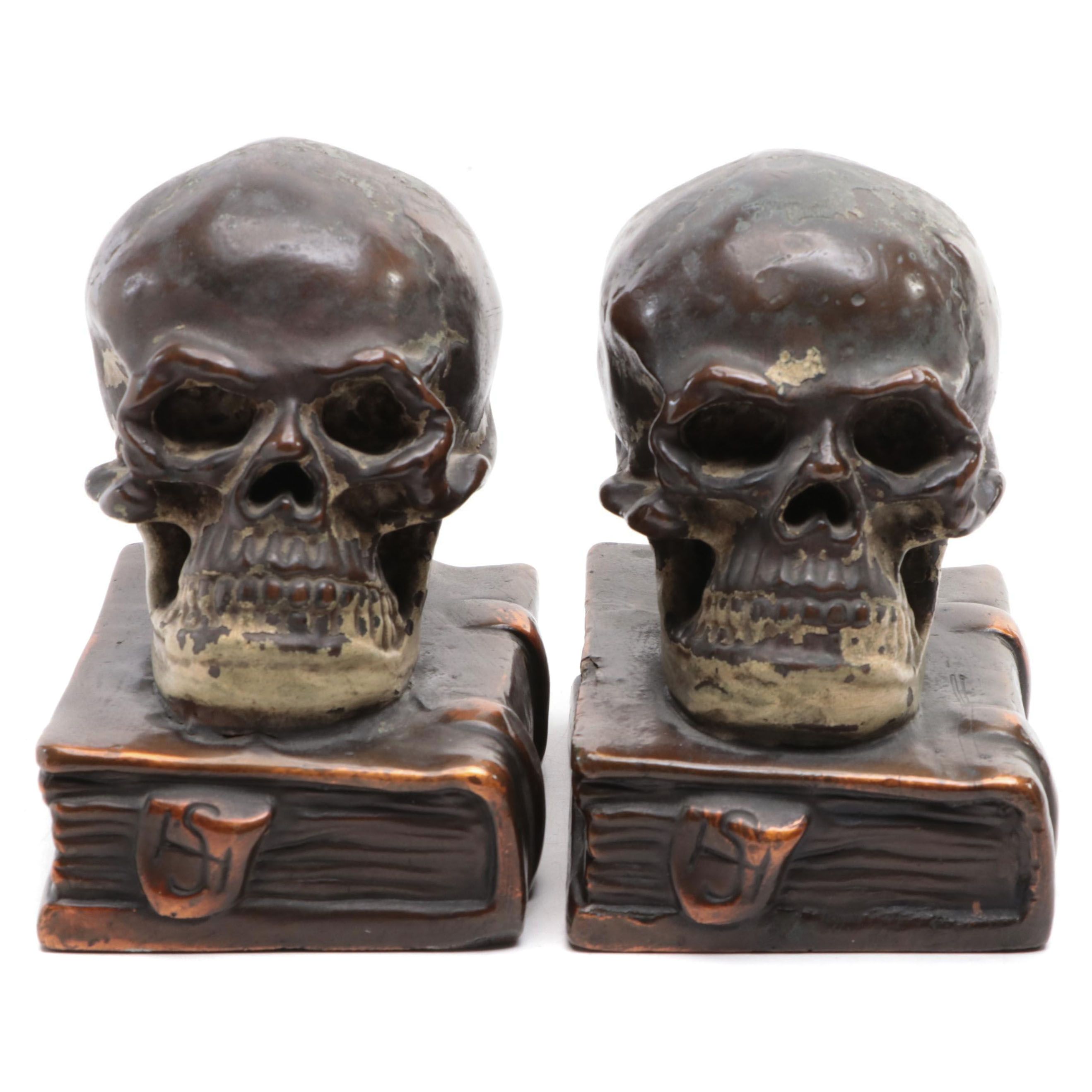 Bronze Clad Skull Bookends Attributed to Armor Bronze Company