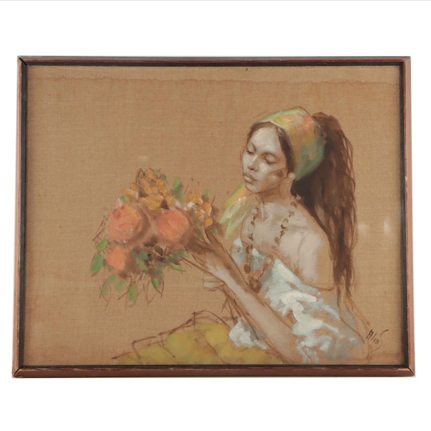 Alex Schloss Oil Painting of a Woman with Flowers, Mid-20th Century