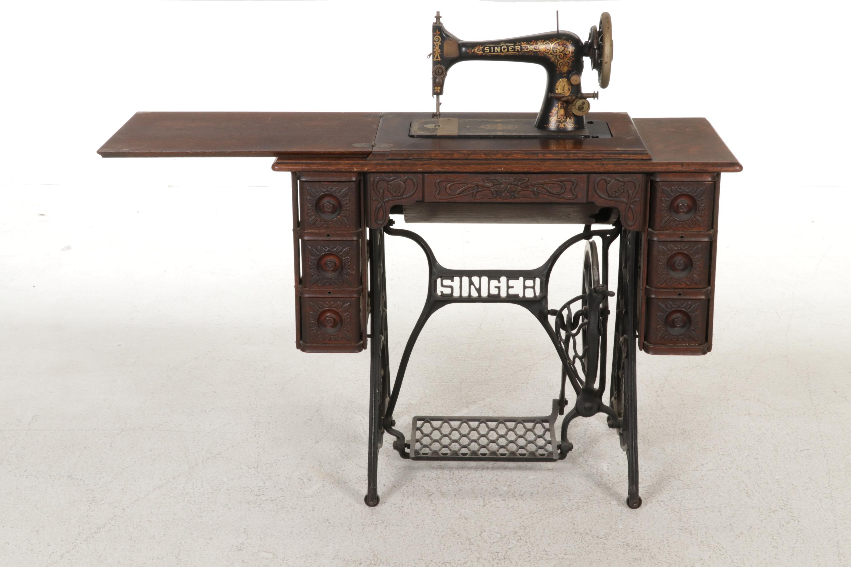 Singer Model 27-4 Treadle Sewing Machine in Oak and Iron Cabinet, Circa 1906