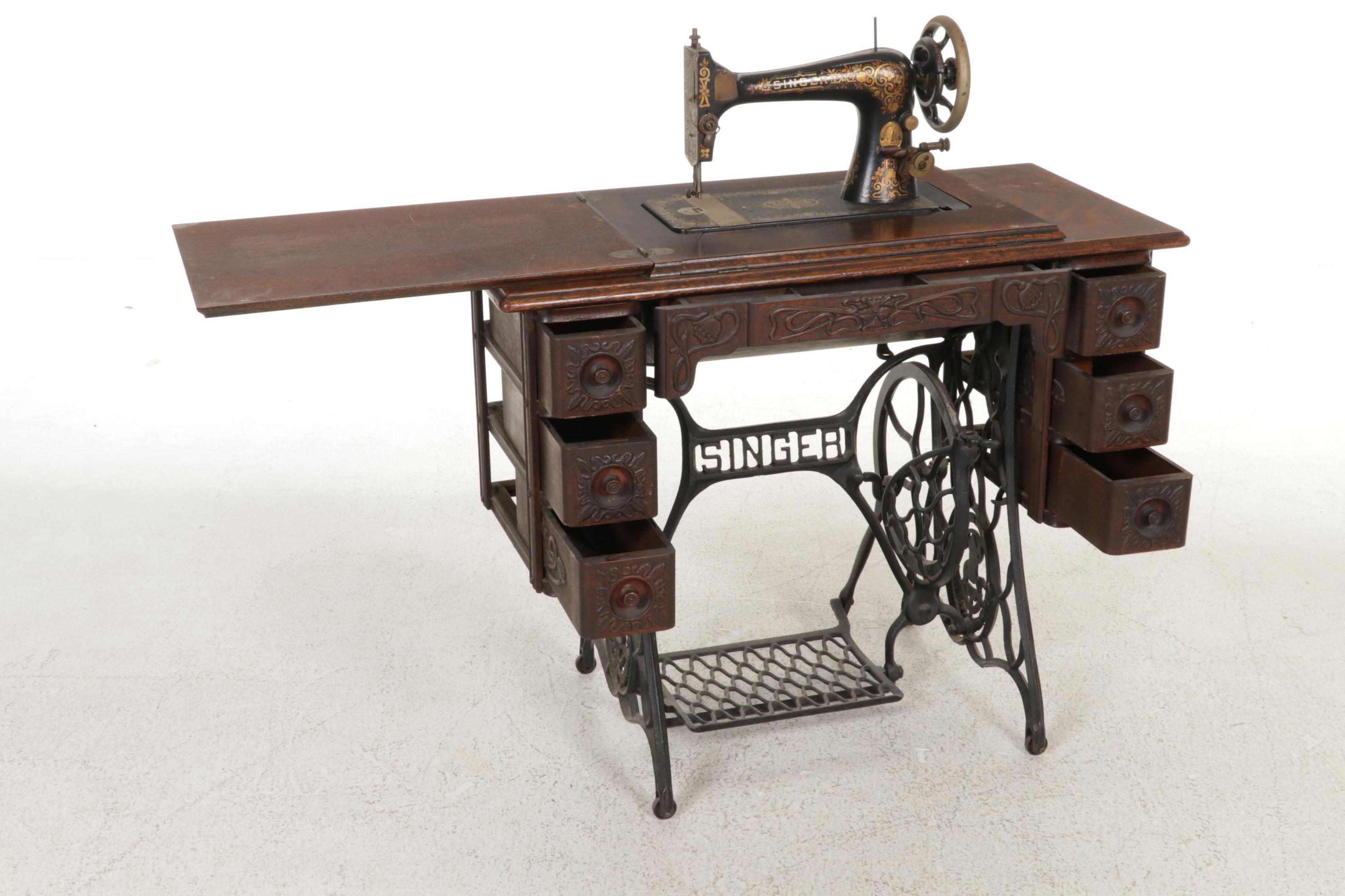Singer Model 27-4 Treadle Sewing Machine in Oak and Iron Cabinet, Circa 1906