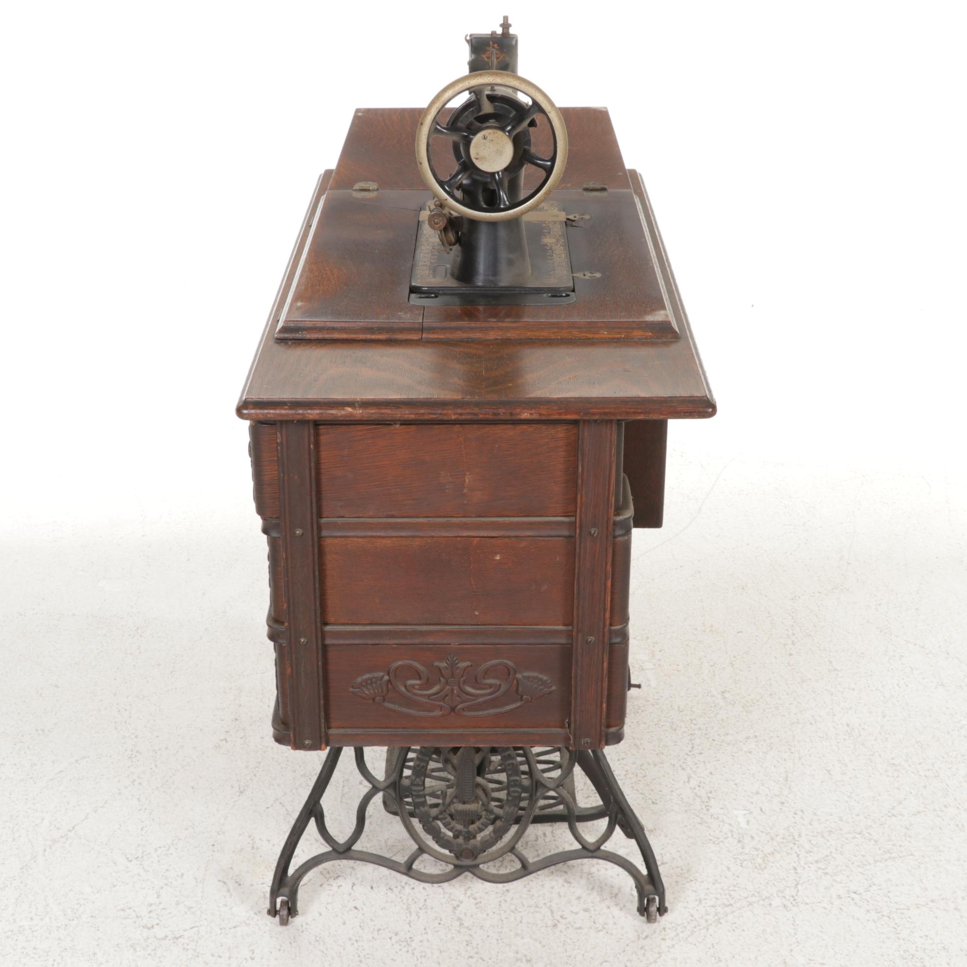 Singer Model 27-4 Treadle Sewing Machine in Oak and Iron Cabinet, Circa 1906