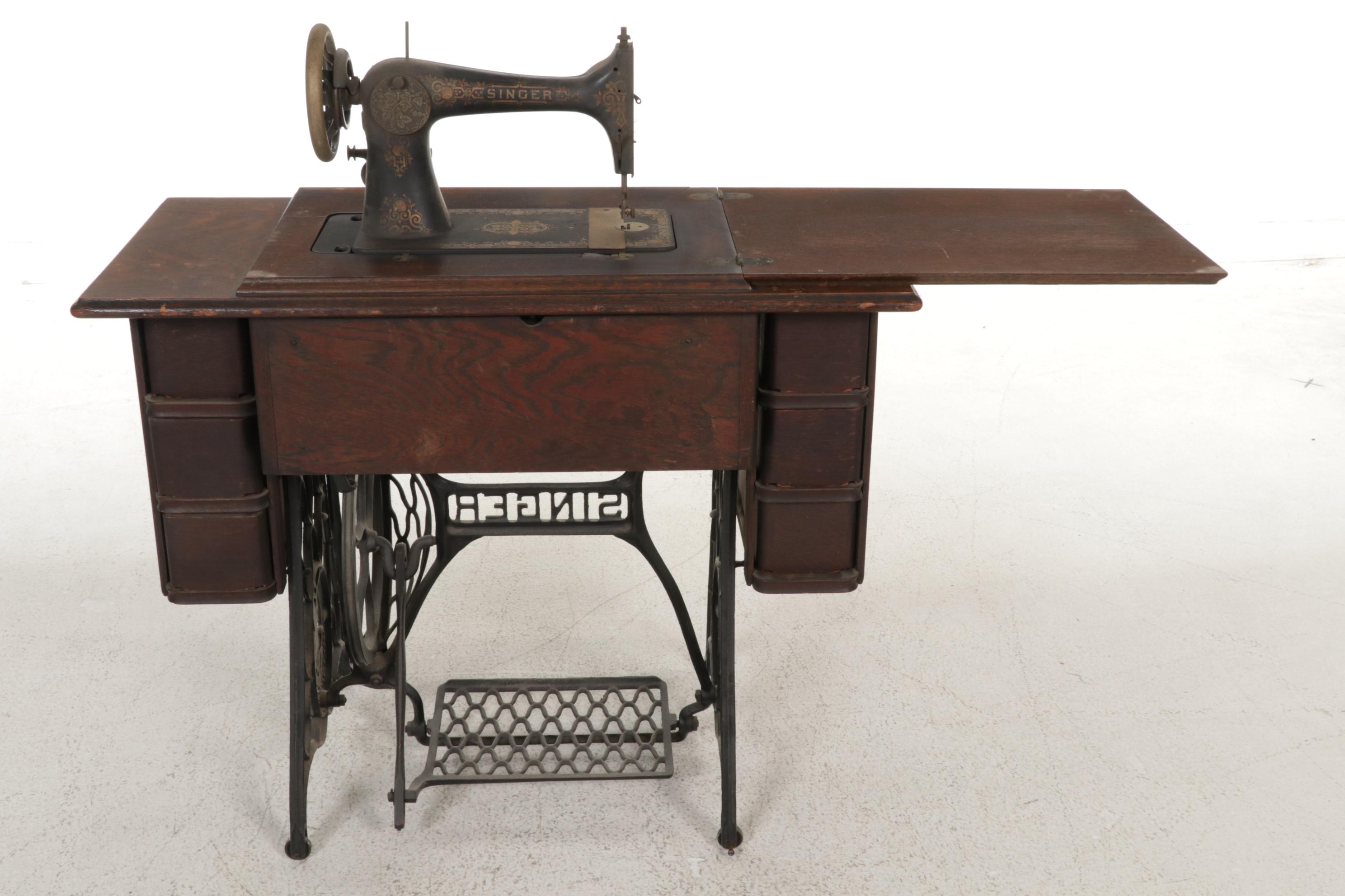 Singer Model 27-4 Treadle Sewing Machine in Oak and Iron Cabinet, Circa 1906