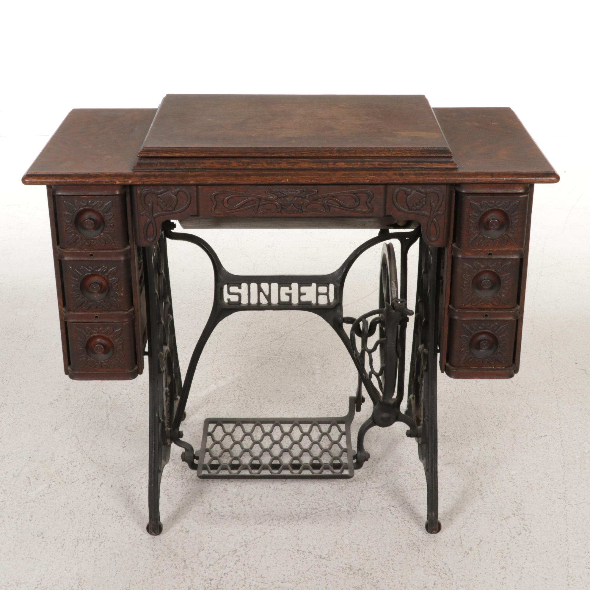 Singer Model 27-4 Treadle Sewing Machine in Oak and Iron Cabinet, Circa 1906
