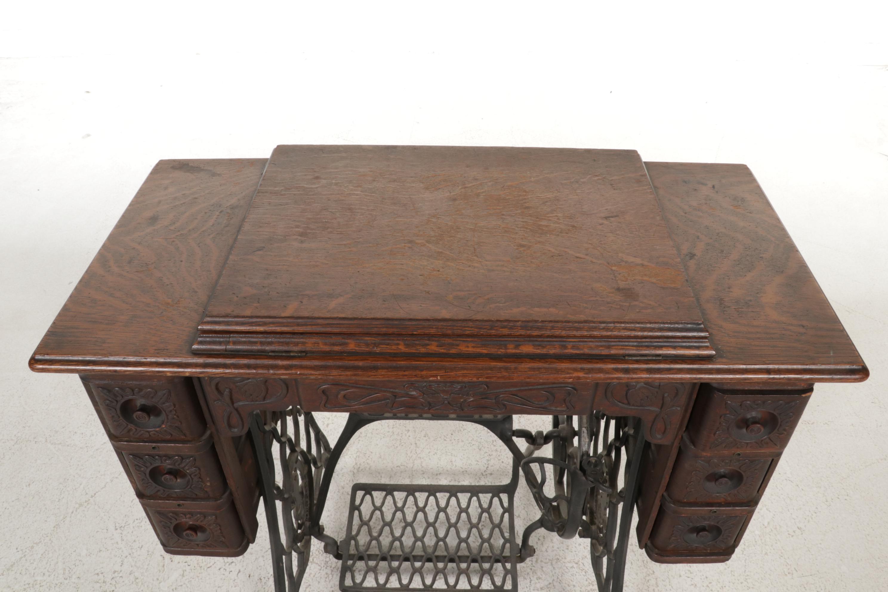 Singer Model 27-4 Treadle Sewing Machine in Oak and Iron Cabinet, Circa 1906