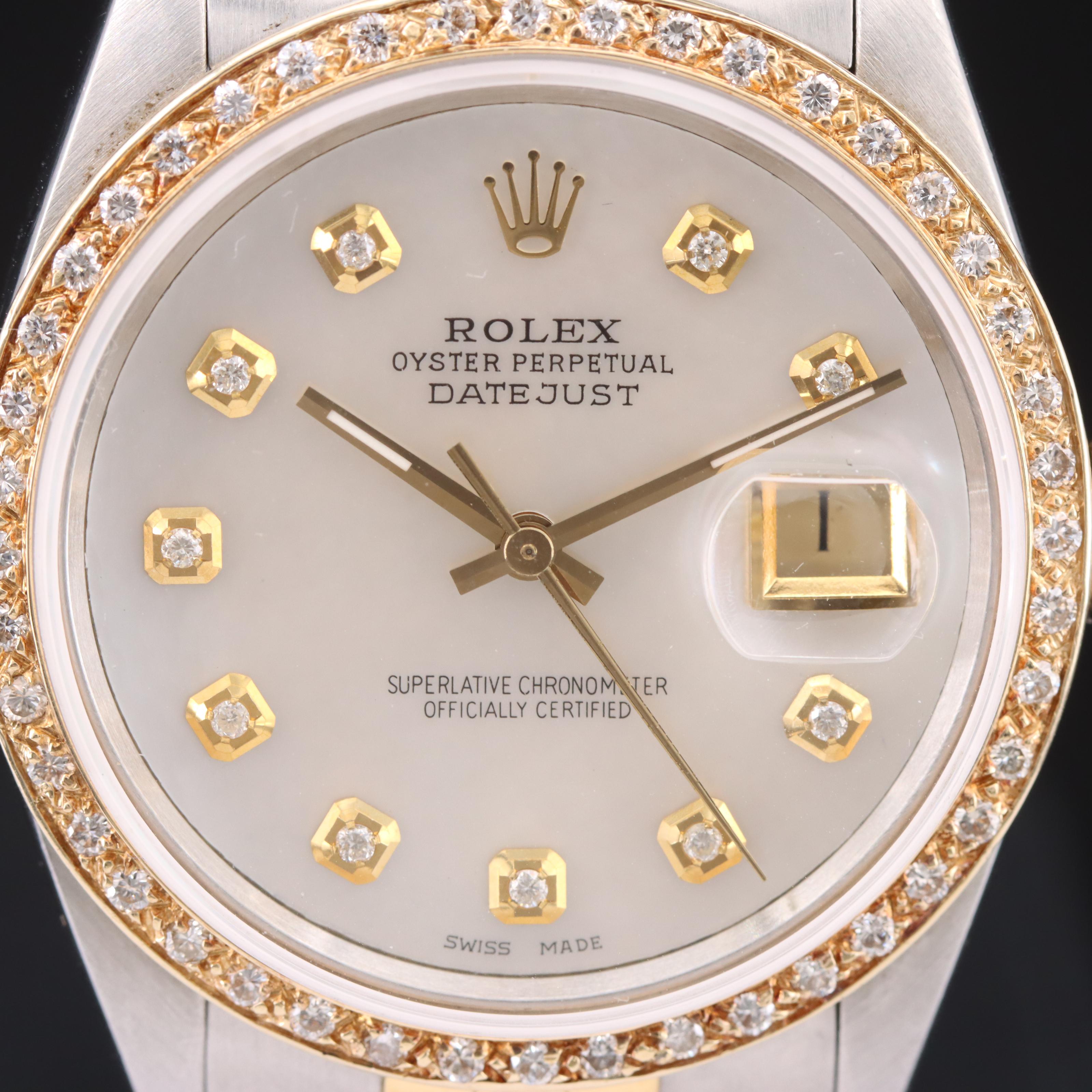 1985 Rolex Mother-of-Pearl Custom Diamond Dial and Bezel Watch
