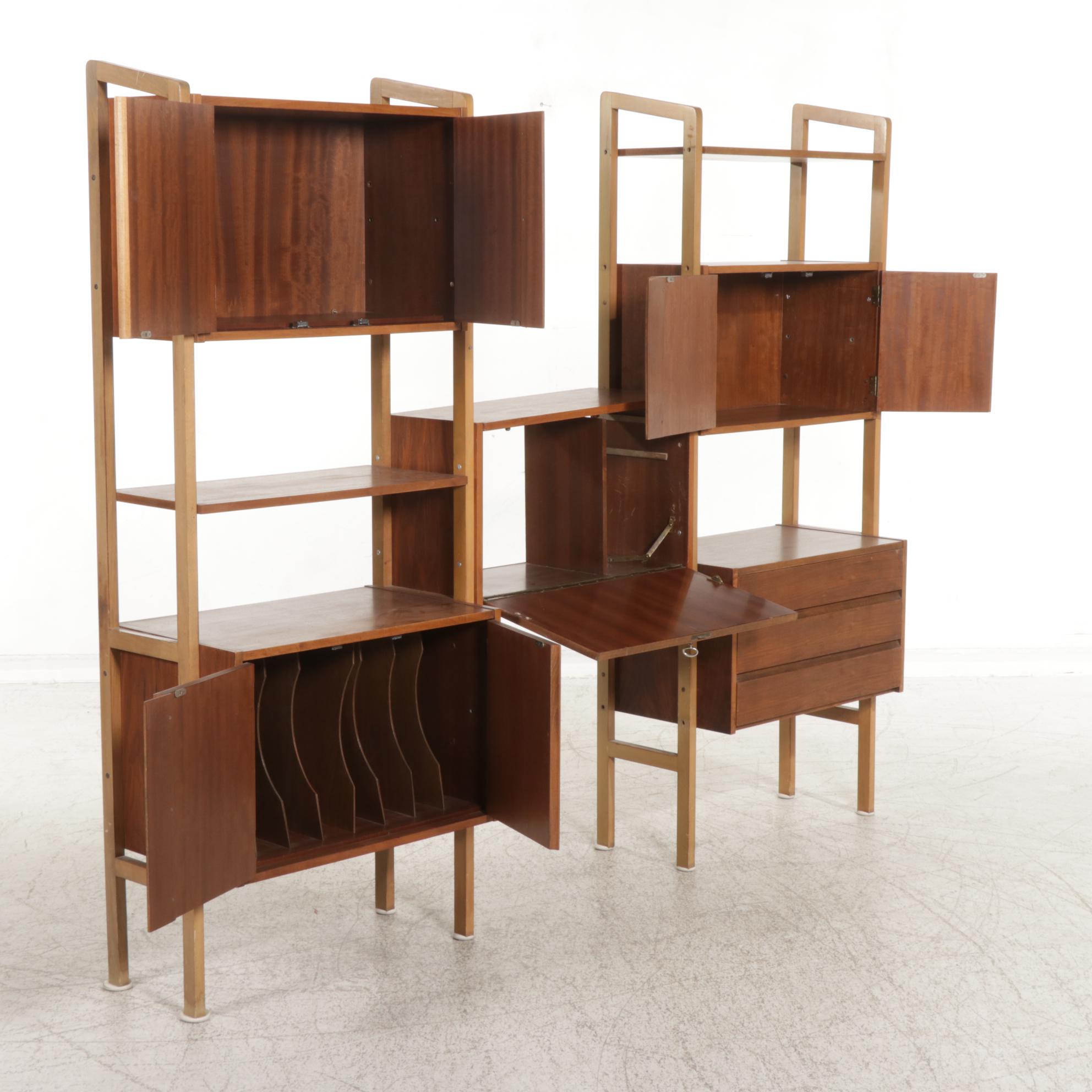 Mid Century Modern Walnut Drop-Front Wall Shelf Storage System