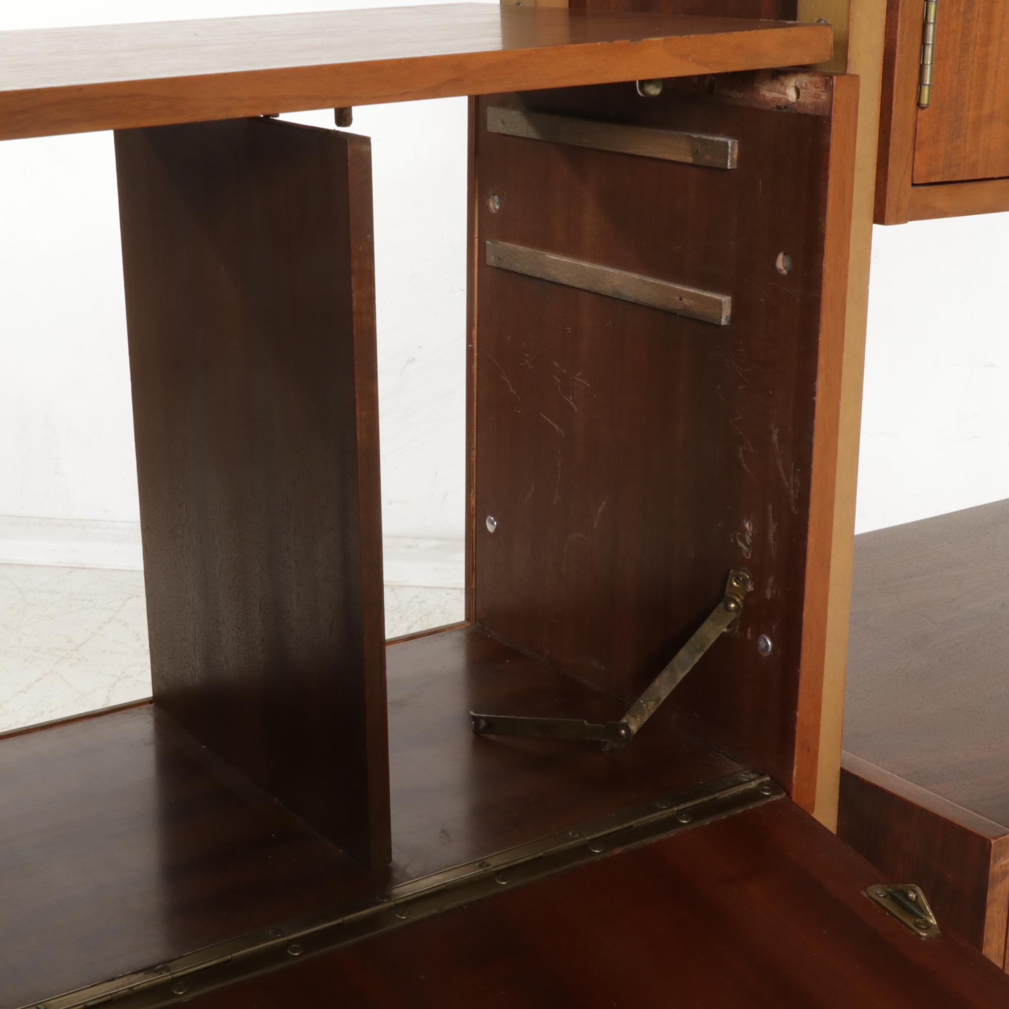 Mid Century Modern Walnut Drop-Front Wall Shelf Storage System