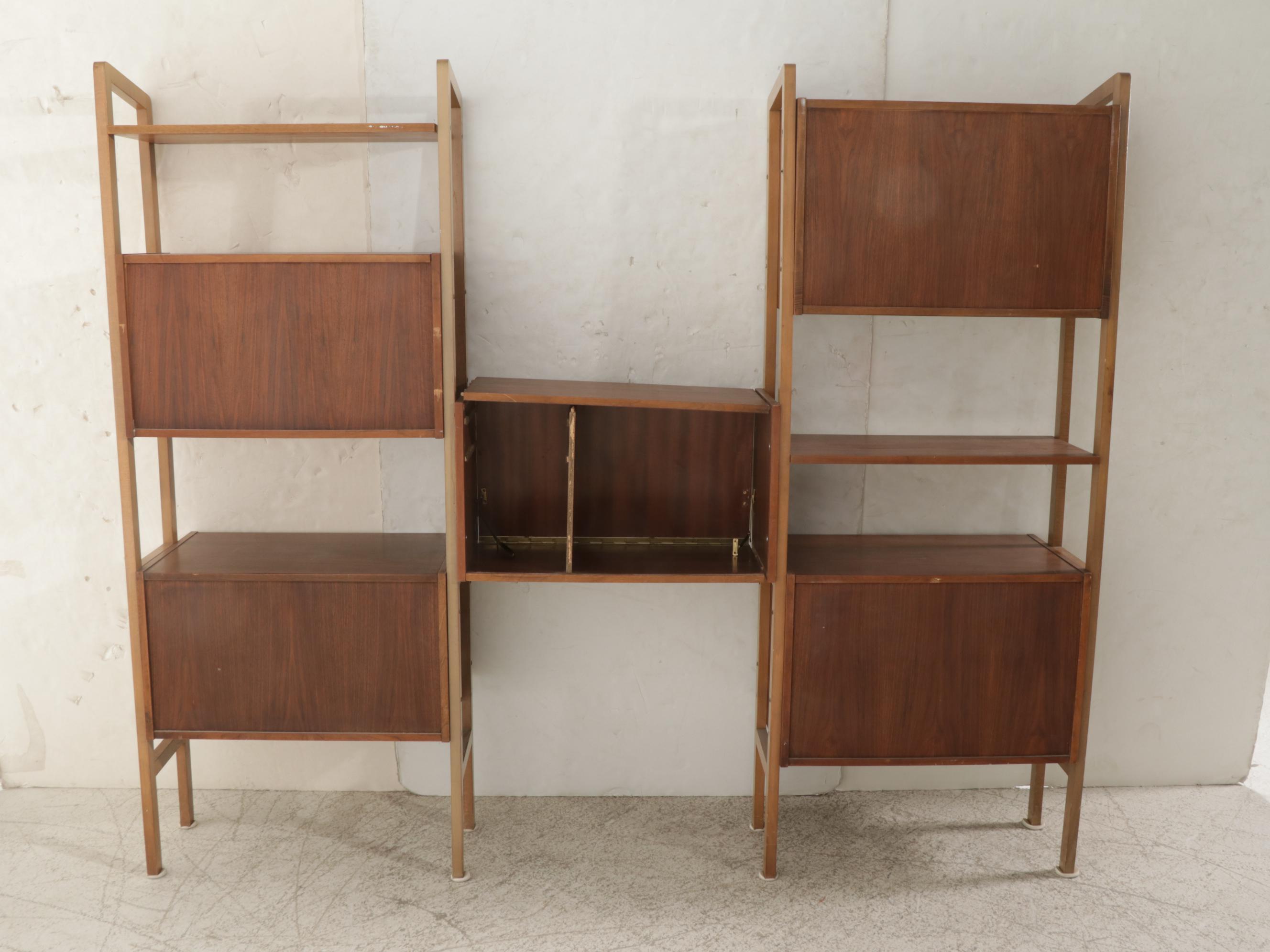 Mid Century Modern Walnut Drop-Front Wall Shelf Storage System