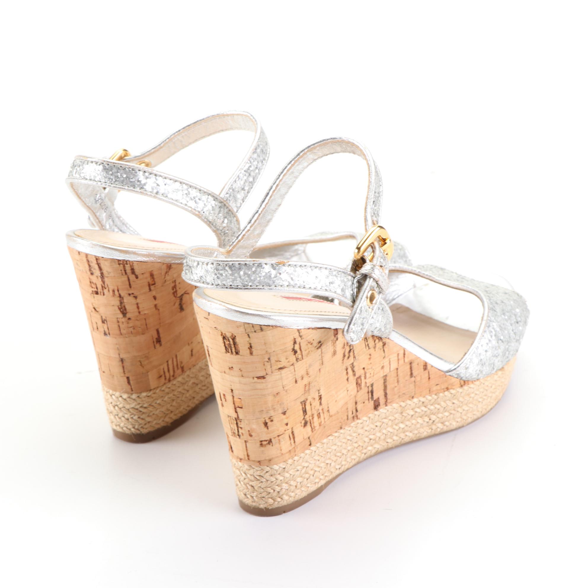 Prada Sport Silver Glitter Cork/Jute Wedge Sandals