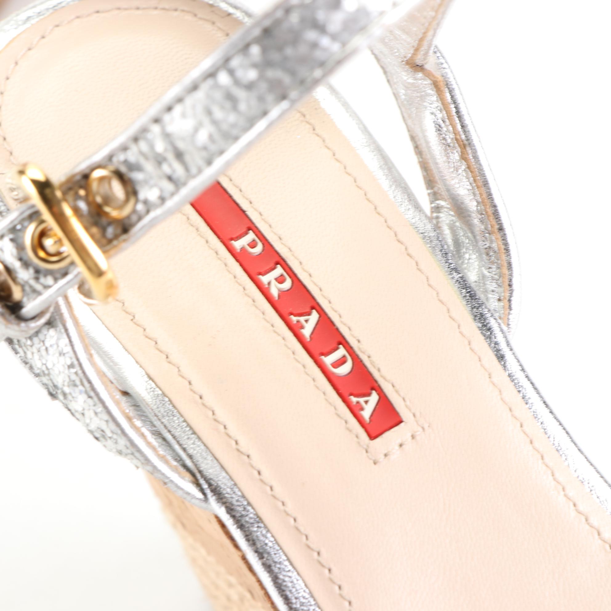 Prada Sport Silver Glitter Cork/Jute Wedge Sandals