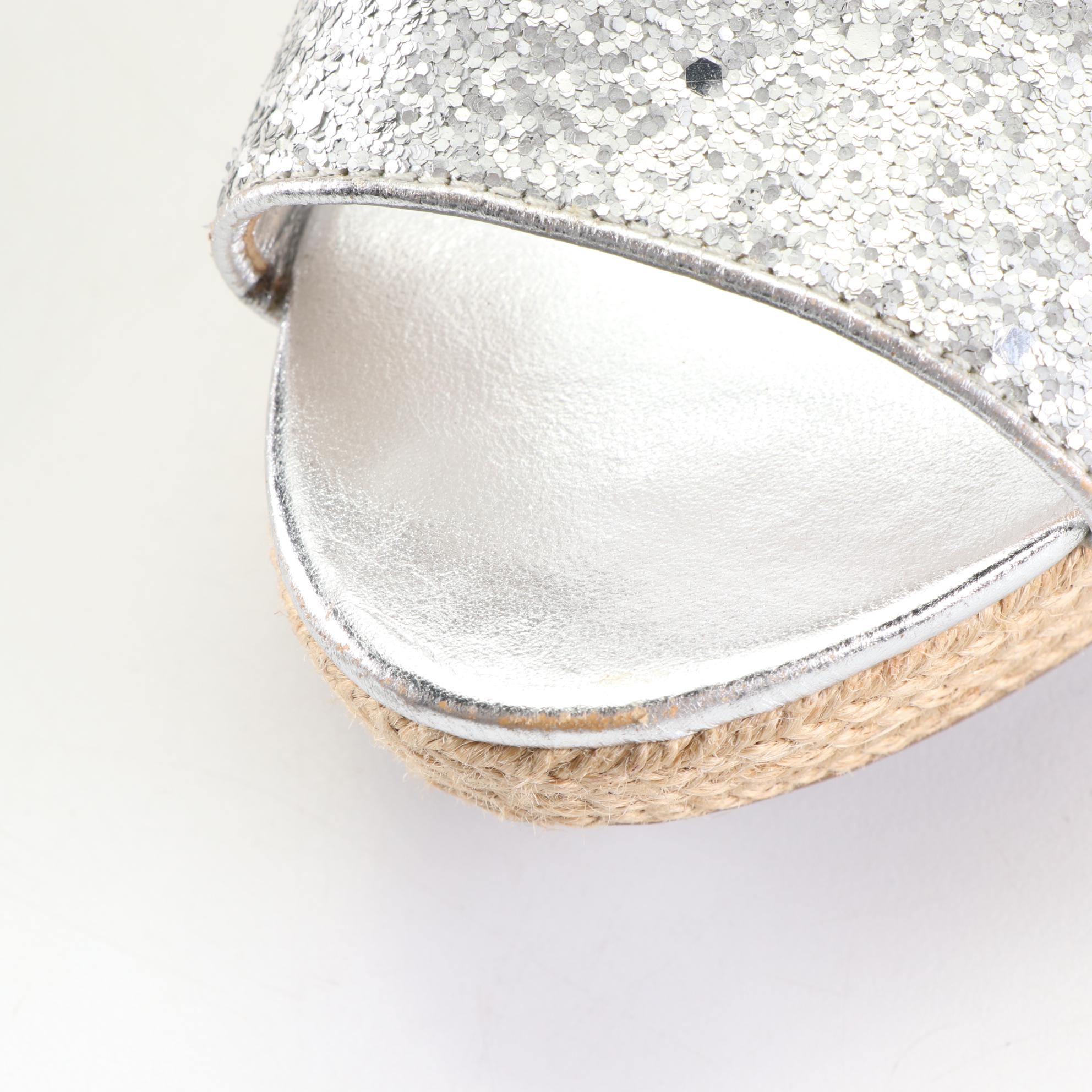 Prada Sport Silver Glitter Cork/Jute Wedge Sandals