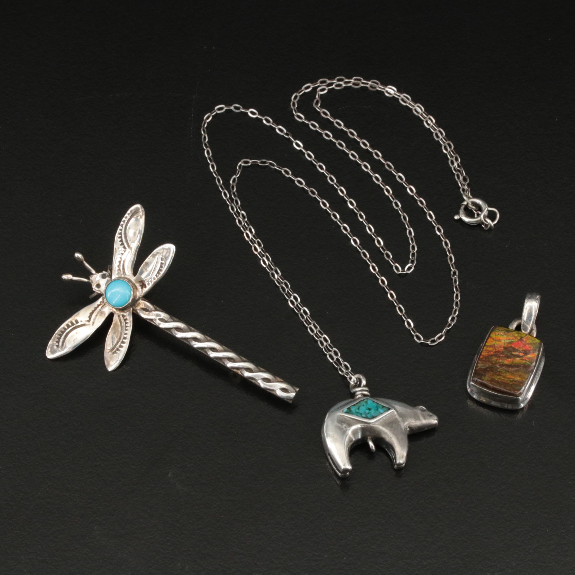 Southwestern Reversible Bear Pendant Necklace, Dragonfly Brooch and Abalone