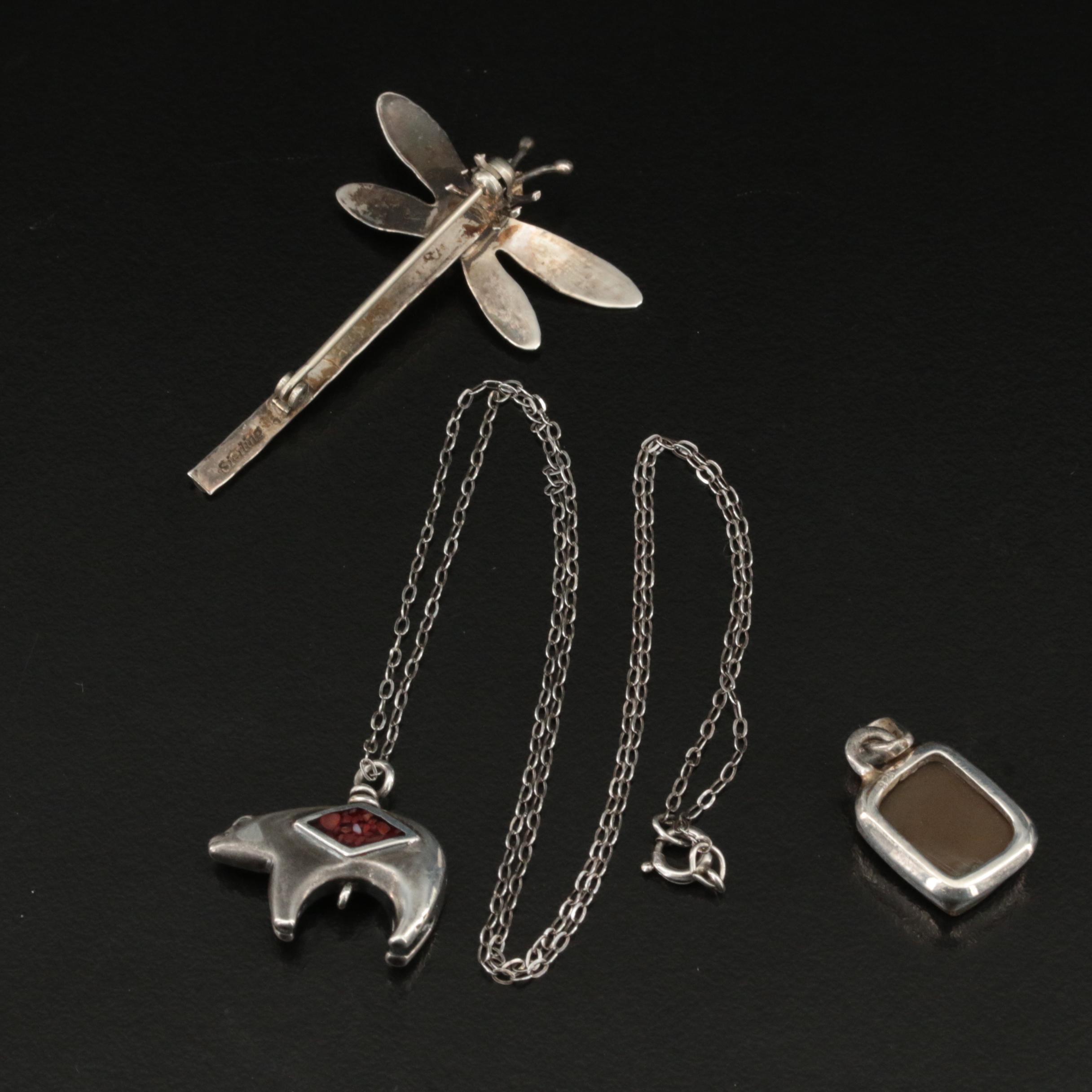 Southwestern Reversible Bear Pendant Necklace, Dragonfly Brooch and Abalone