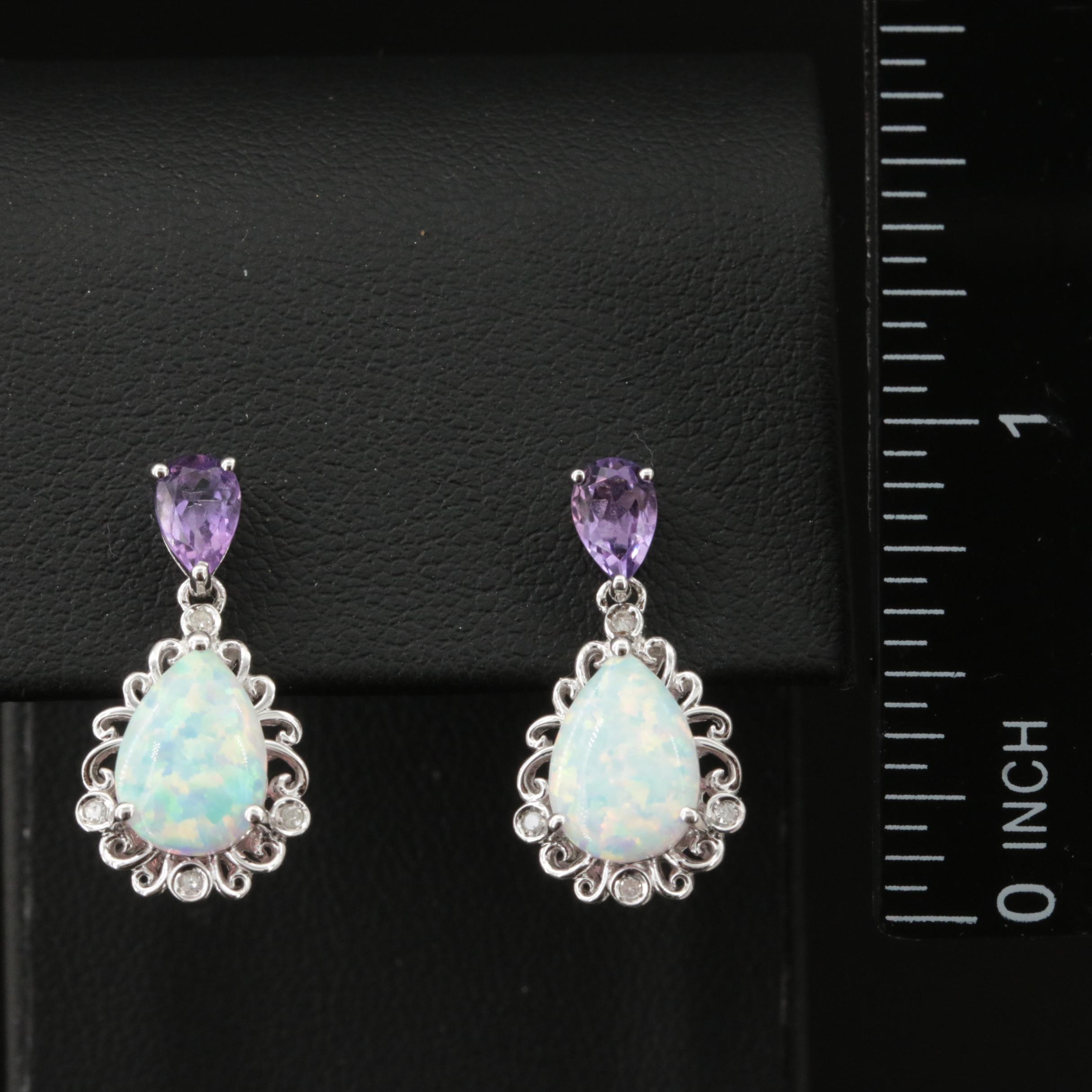 Sterling Opal, Amethyst and Diamond Earrings