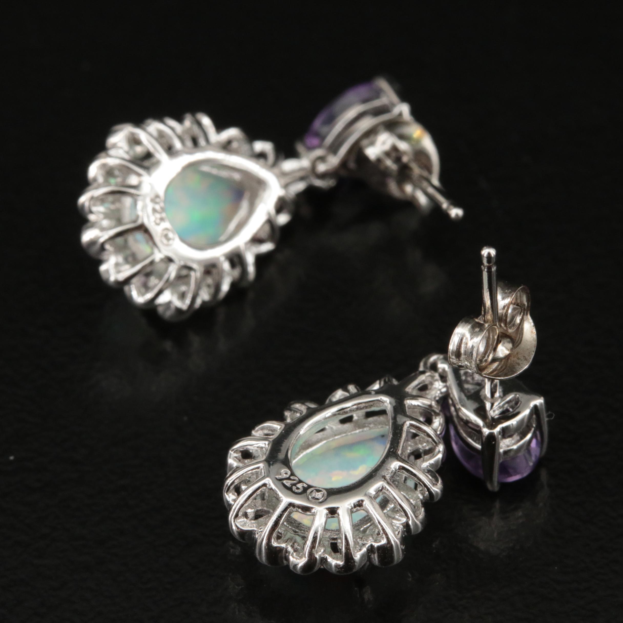 Sterling Opal, Amethyst and Diamond Earrings