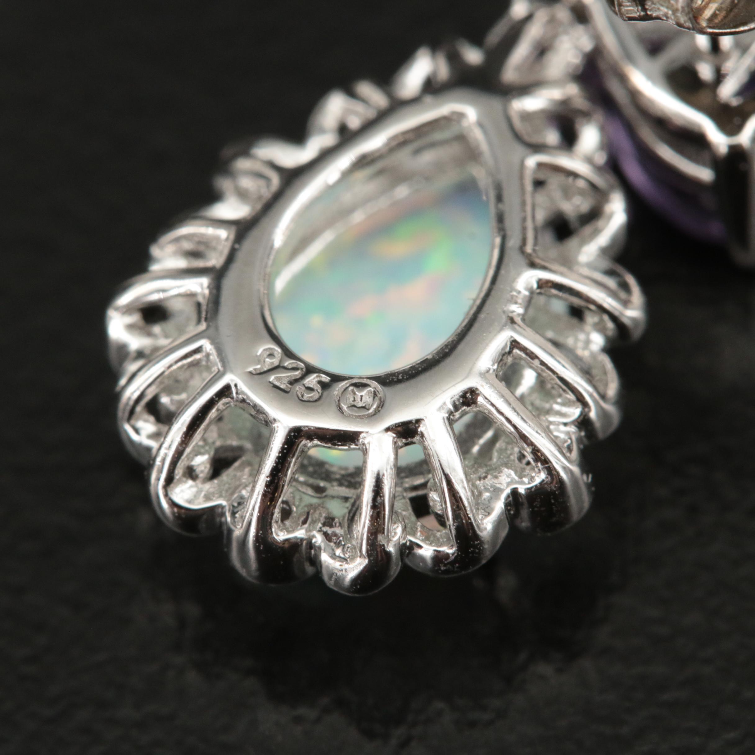 Sterling Opal, Amethyst and Diamond Earrings