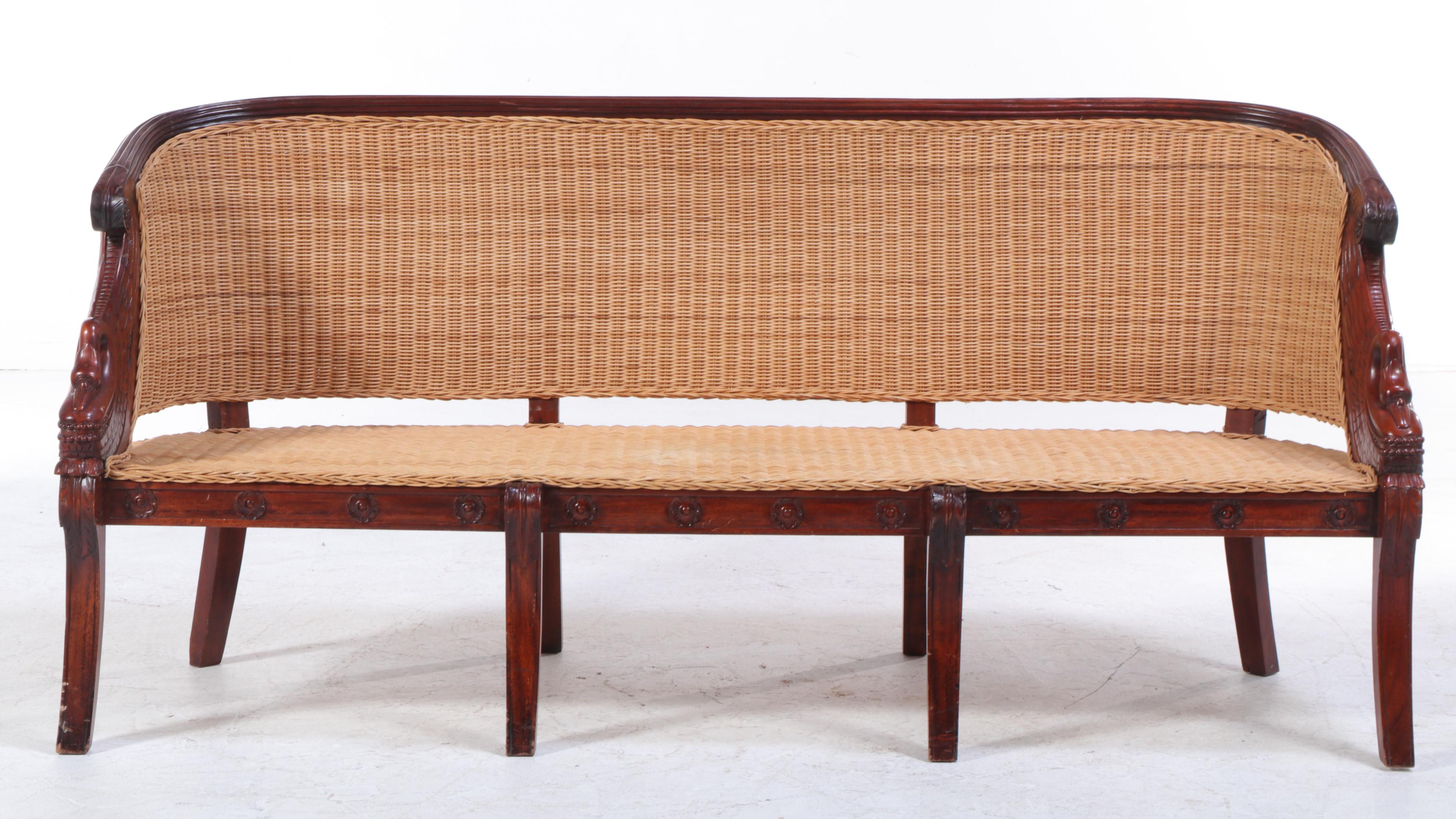 French Restauration Style Carved Hardwood and Wicker Canapé