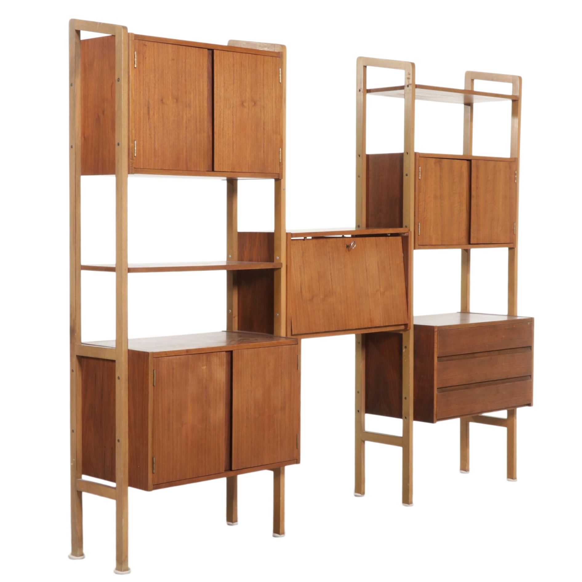 Mid Century Modern Walnut Drop-Front Wall Shelf Storage System