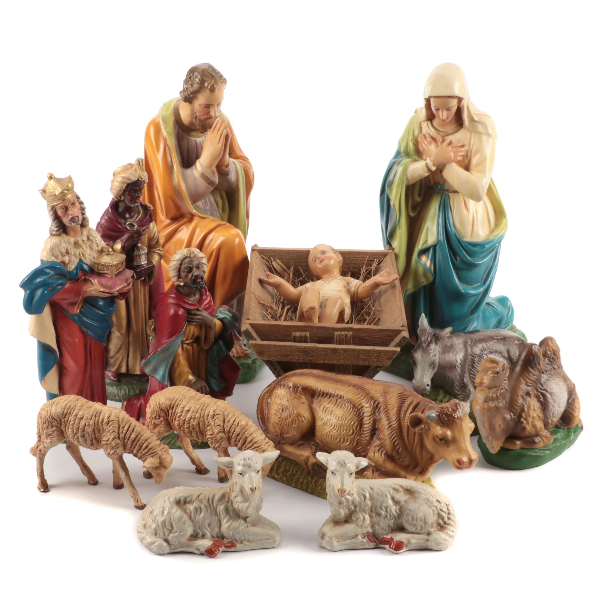 Italian and Japanese Chalkware Nativity Set, Mid to Late 20th Century