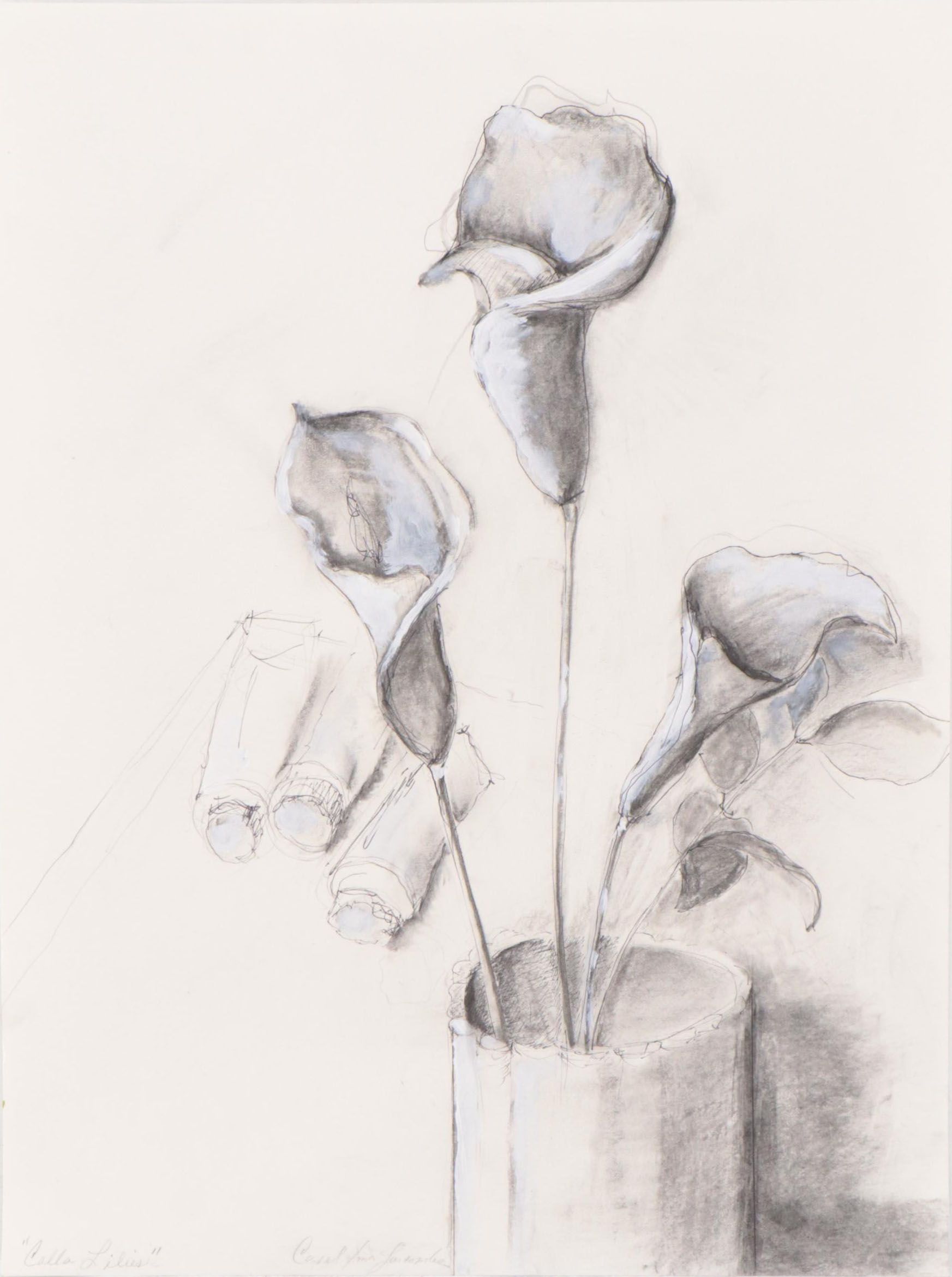Carol Imes-Luscombe Mixed Media Drawing of Floral Still Life "Calla Lillies"
