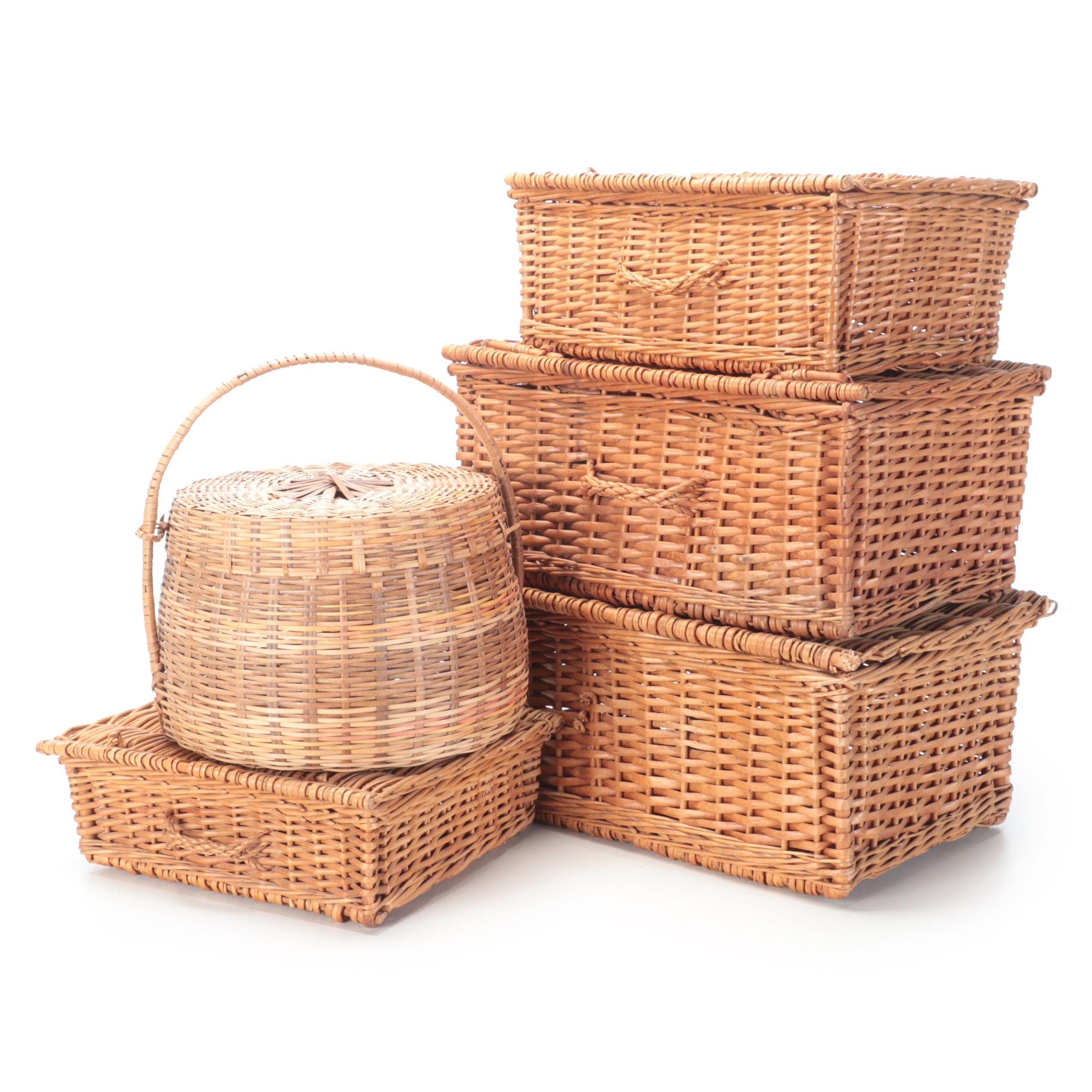 Wicker Weave Stacking Baskets With Round Covered Basket