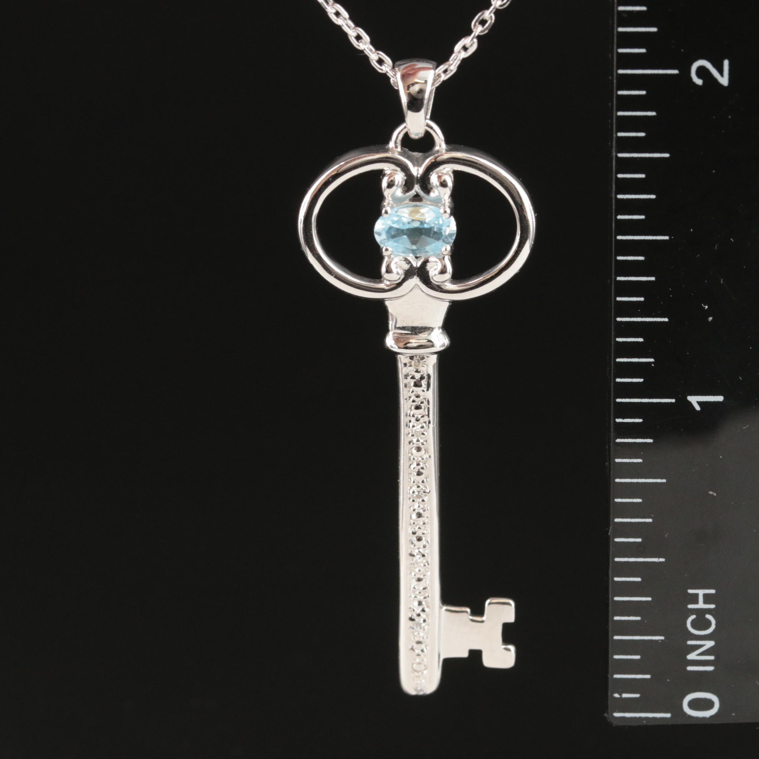Sterling Sky Blue Topaz and Diamond Key Pendant Necklace