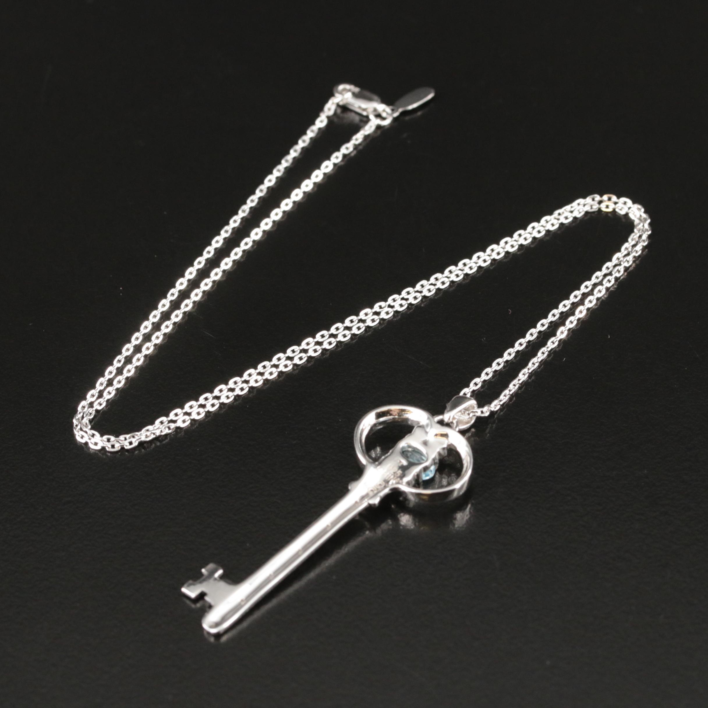 Sterling Sky Blue Topaz and Diamond Key Pendant Necklace