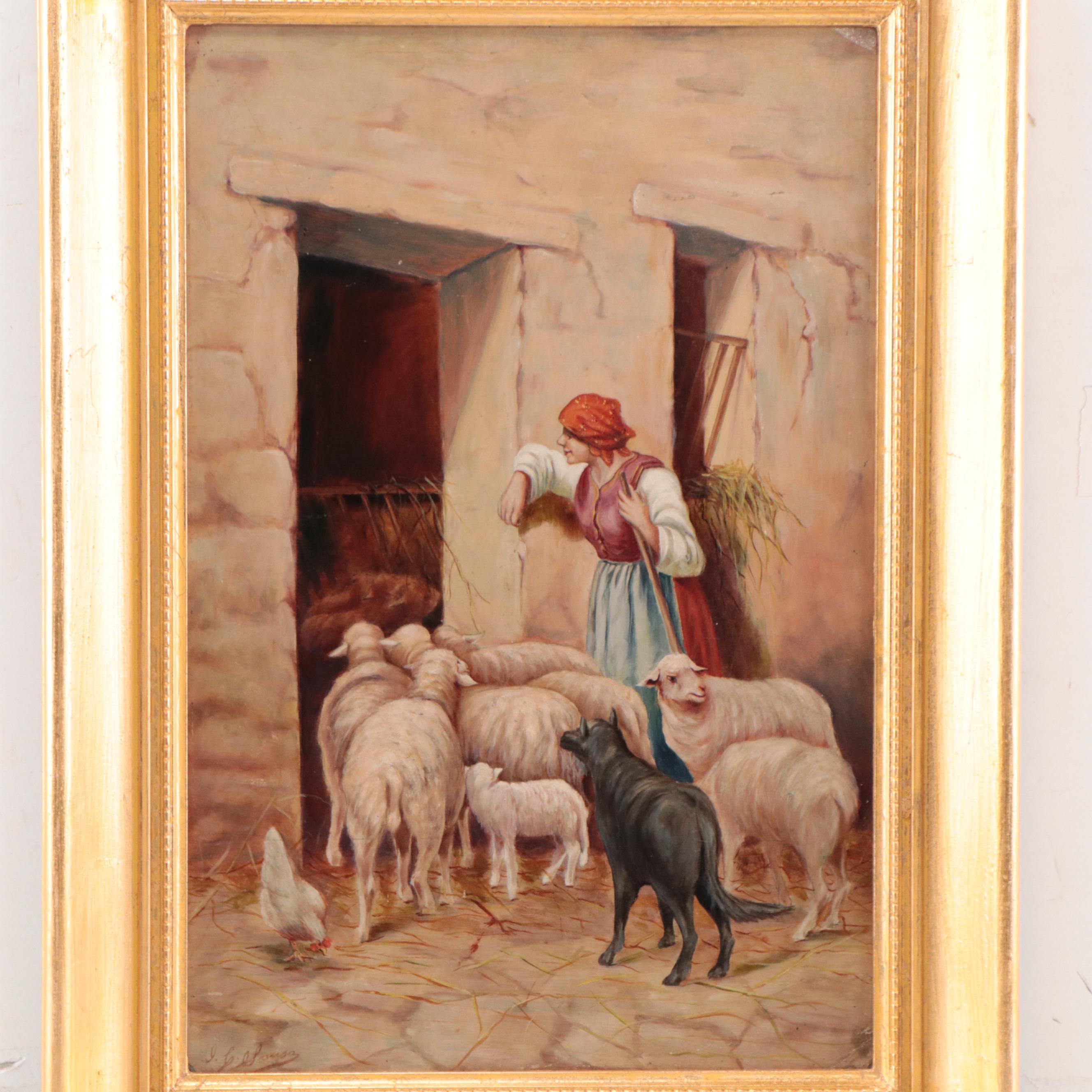 Oil Painting of Shepard With Sheep Flock