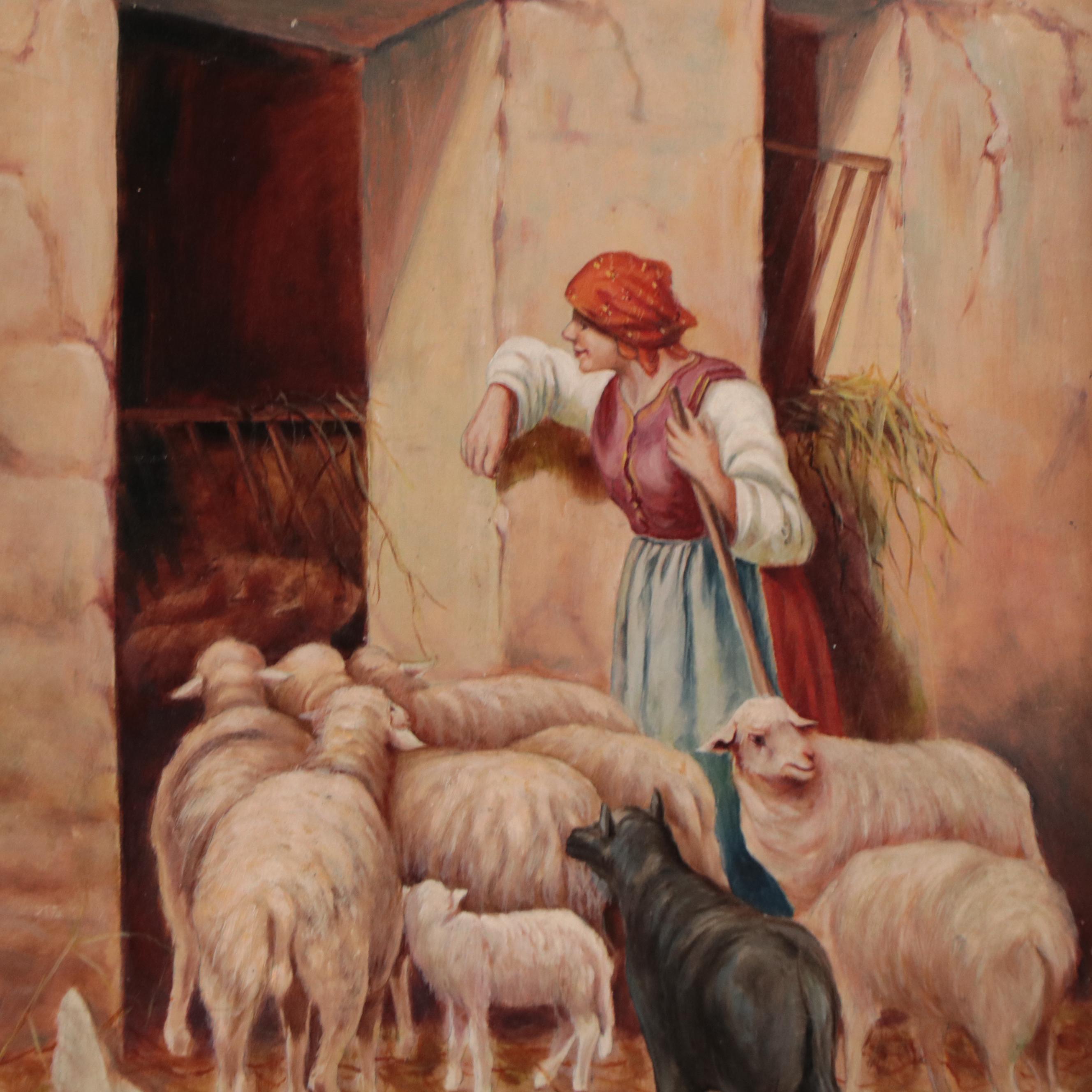 Oil Painting of Shepard With Sheep Flock