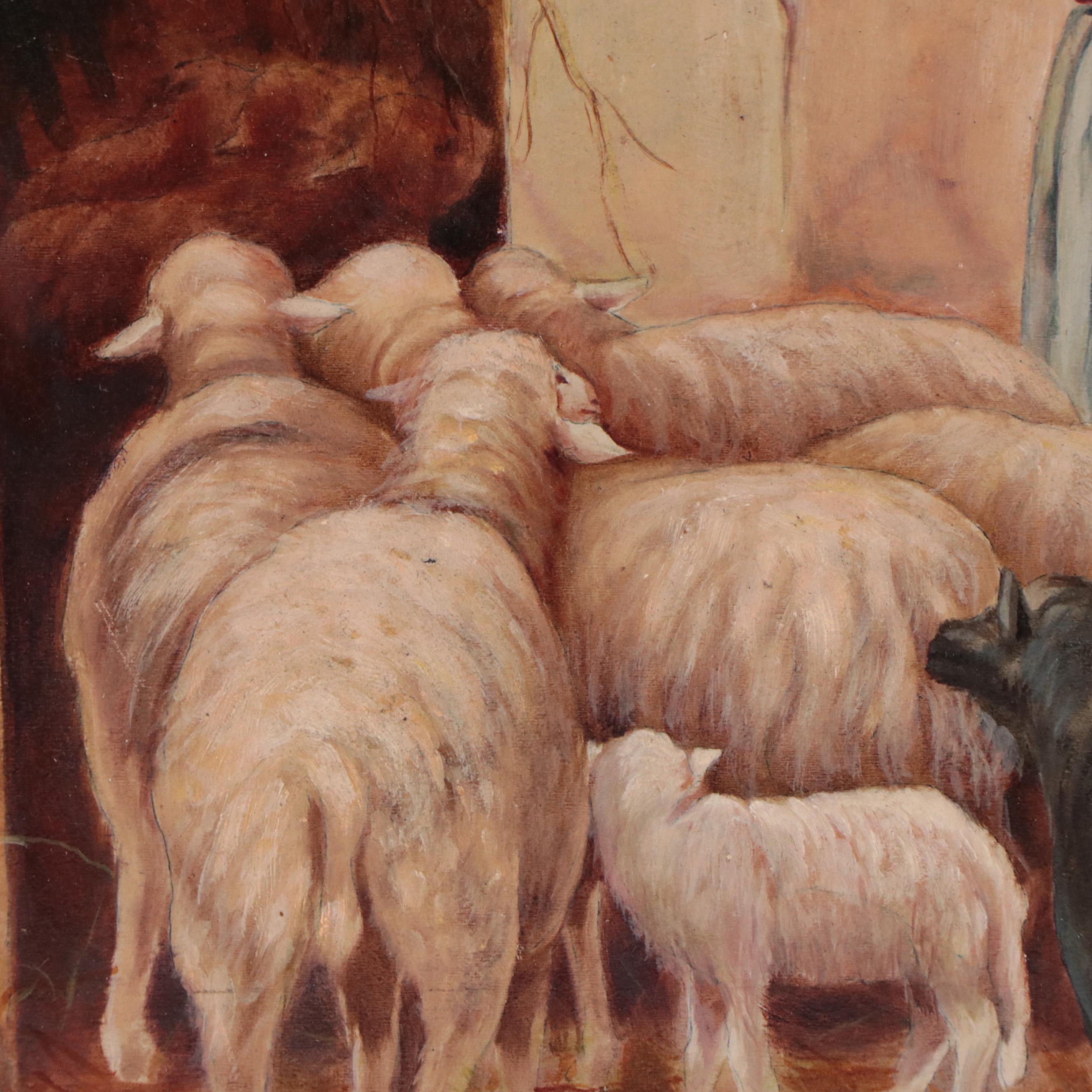 Oil Painting of Shepard With Sheep Flock