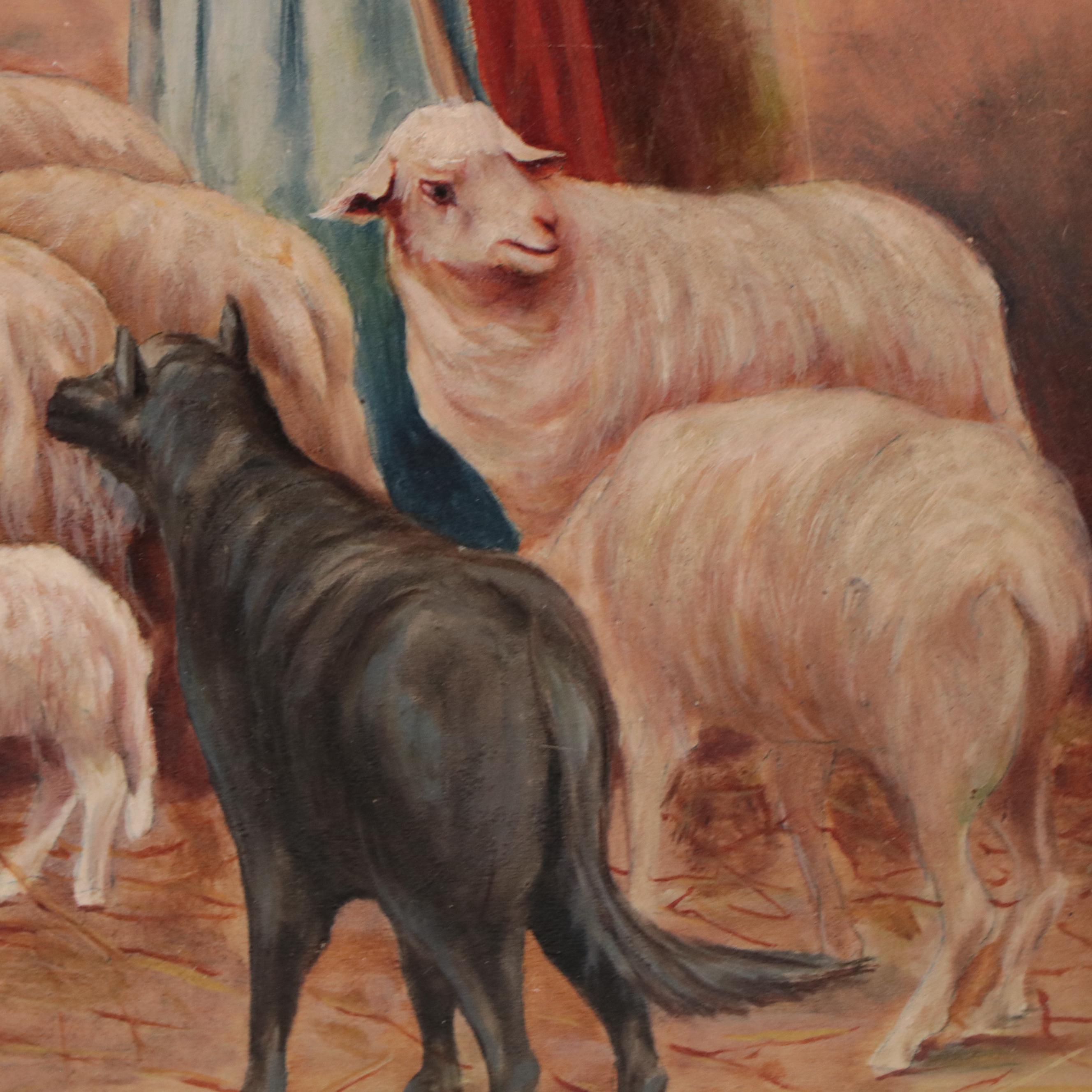 Oil Painting of Shepard With Sheep Flock