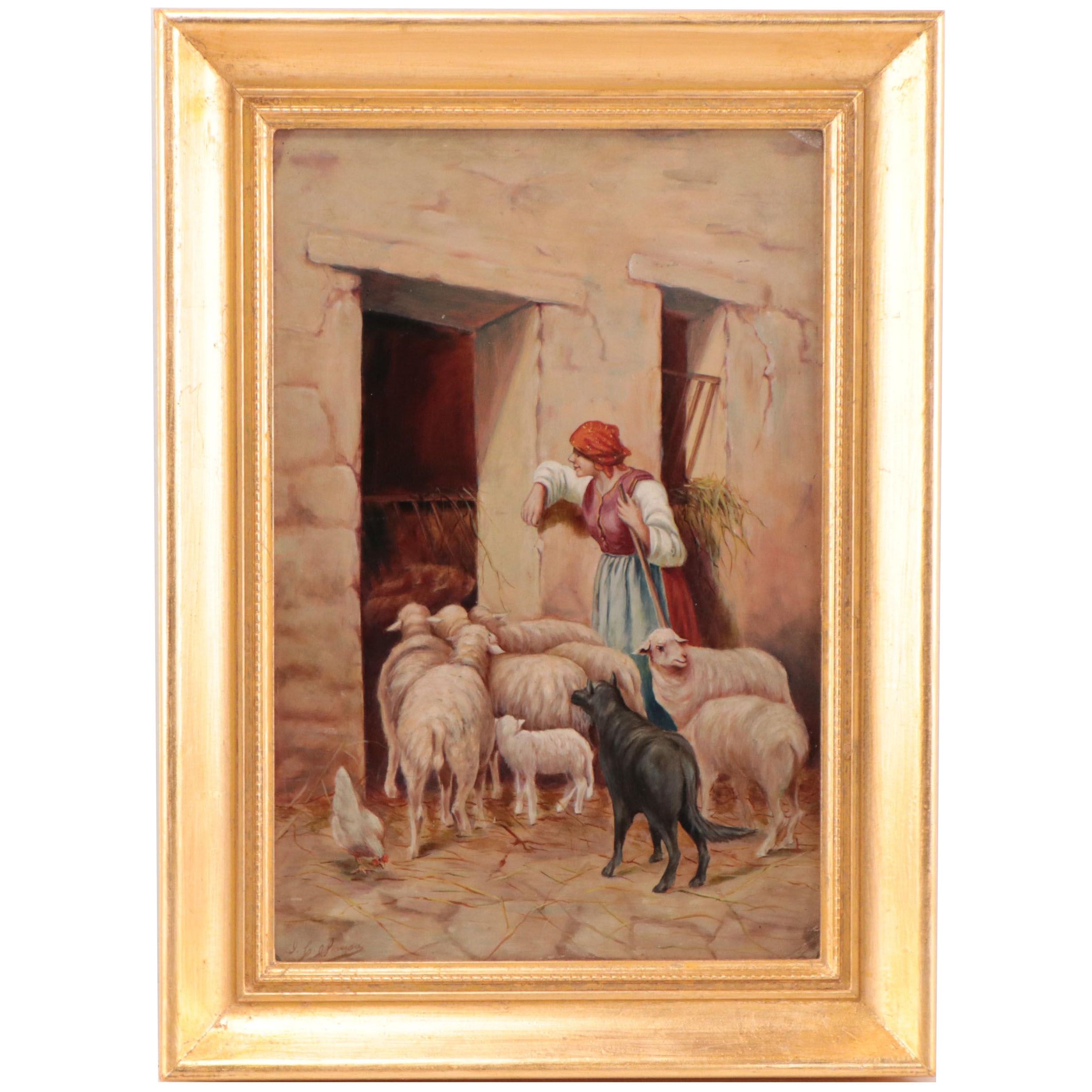 Oil Painting of Shepard With Sheep Flock
