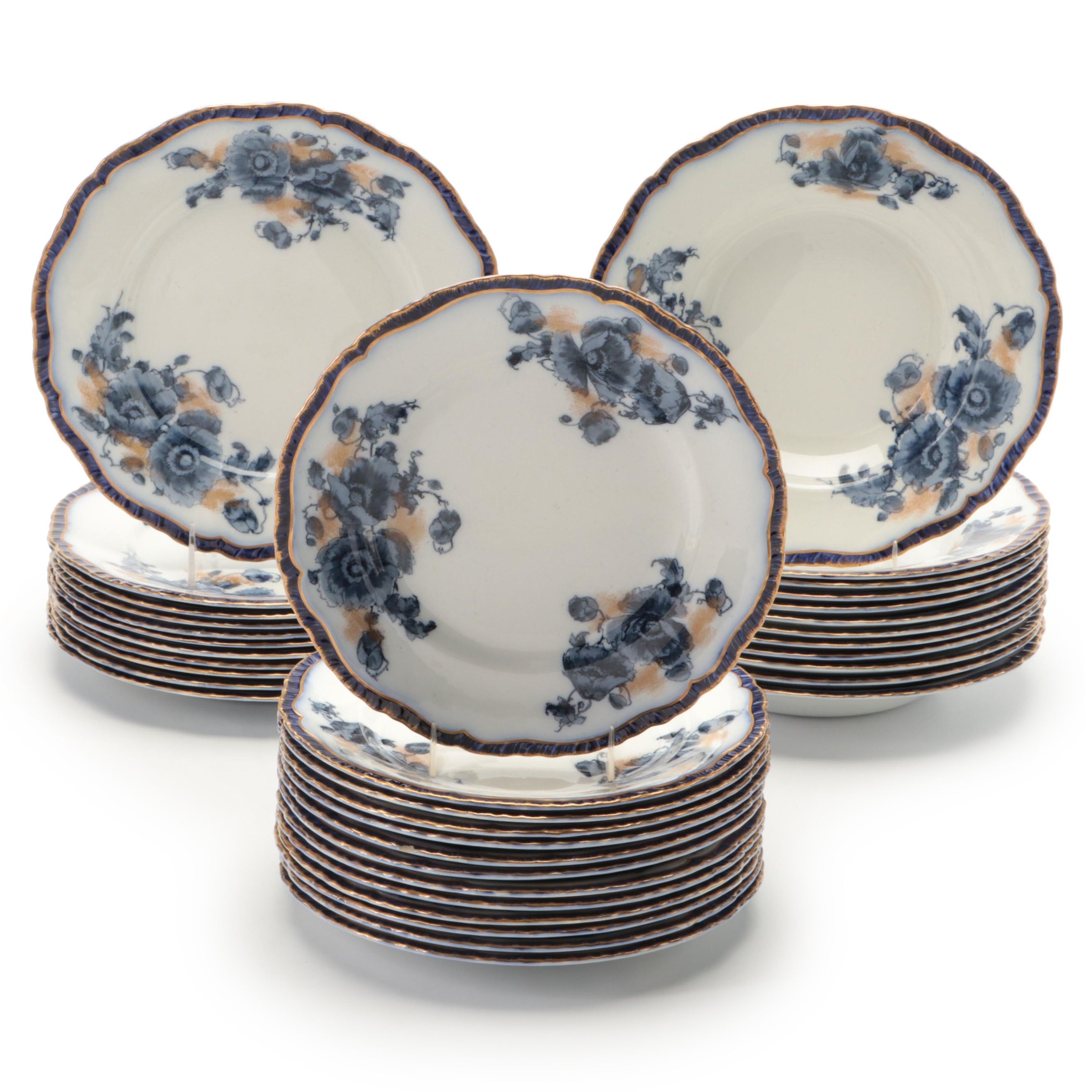 Booths English Earthenware Blue Poppy Dinnerware, Late 19th Century