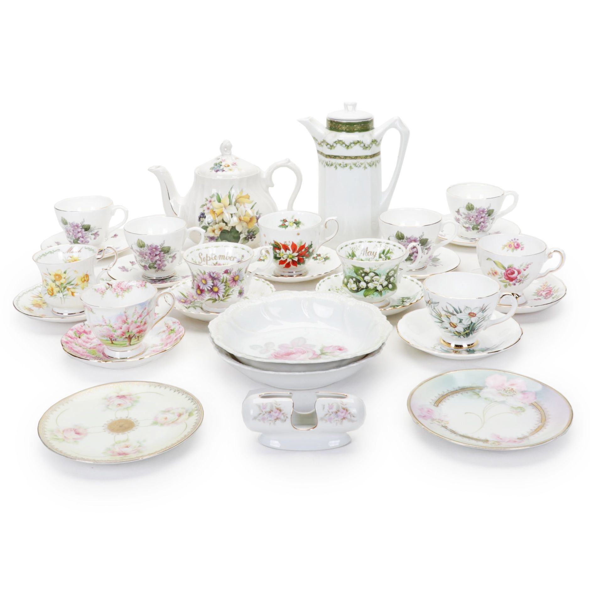 RS Prussia Coffee Pot with English and Other Teacups and Tableware, 20th Century