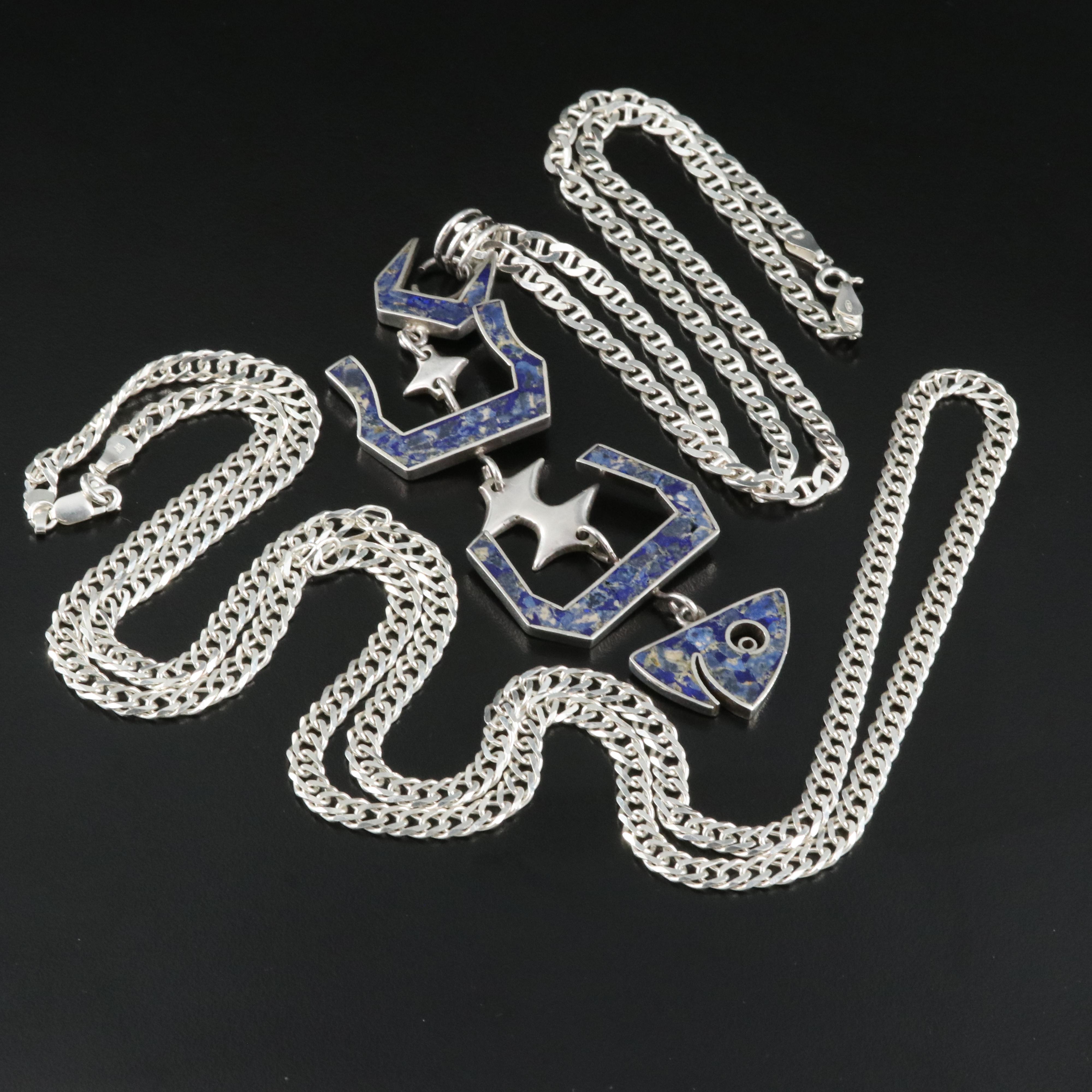 Mexican Sterling Fishbone Necklace Necklace with Sterling Curb Link Chain