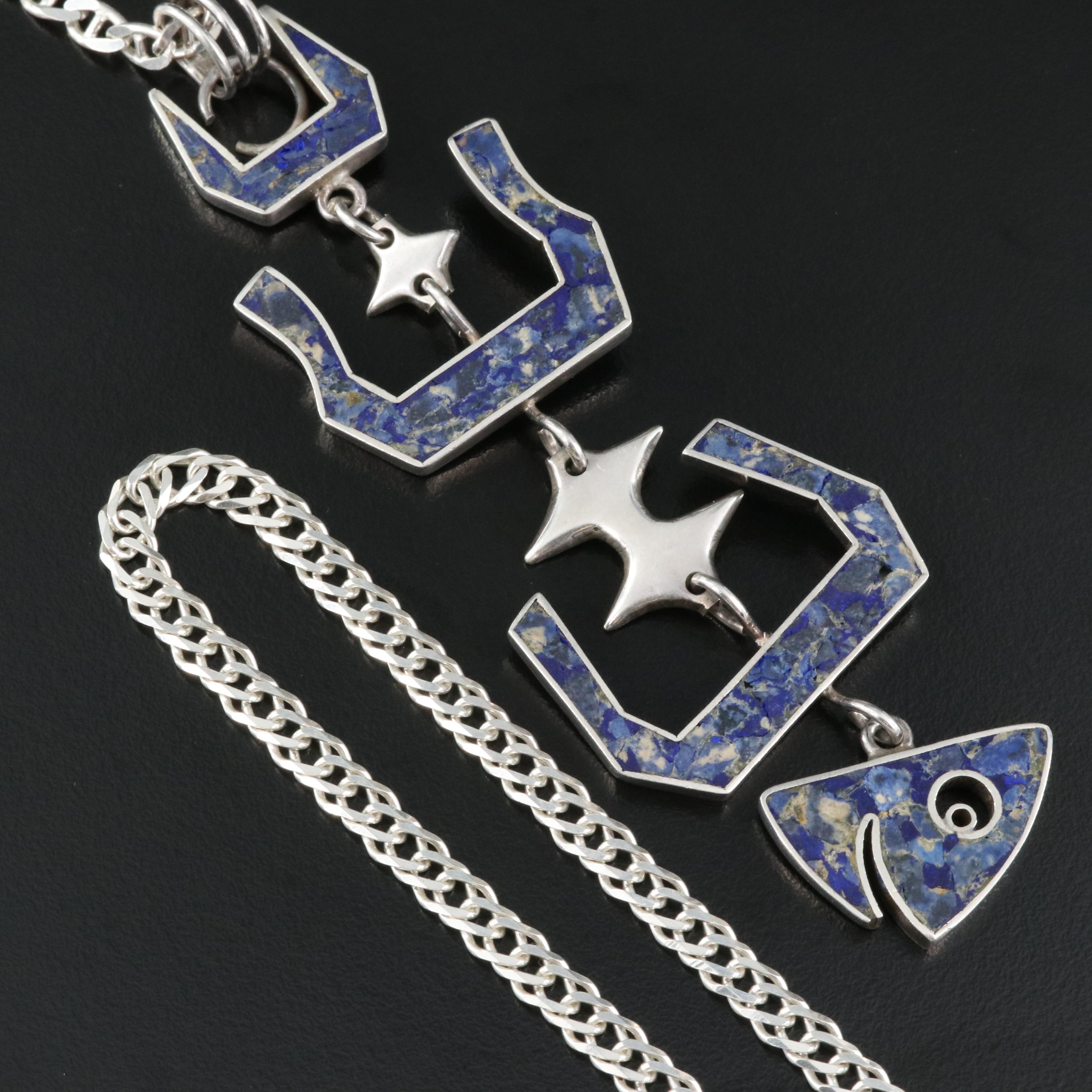 Mexican Sterling Fishbone Necklace Necklace with Sterling Curb Link Chain