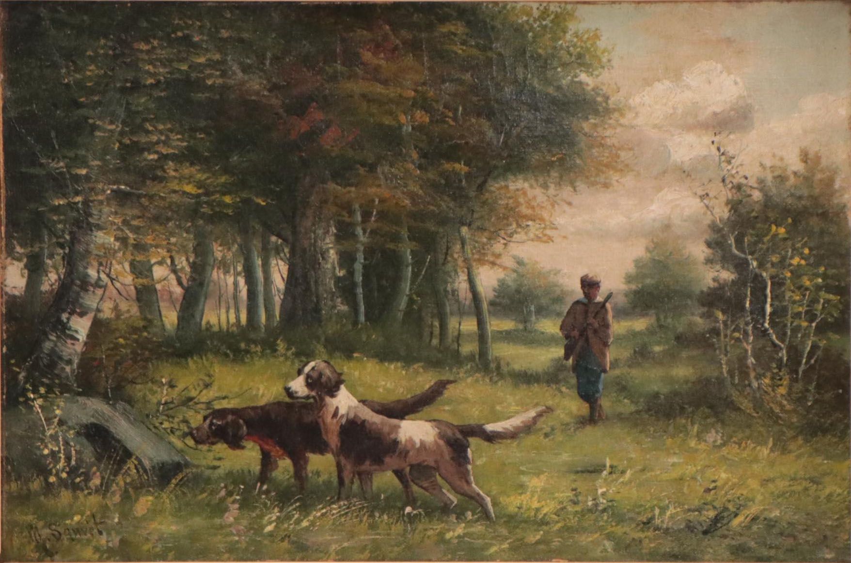 Oil Painting of Hunting Dogs In Landscape