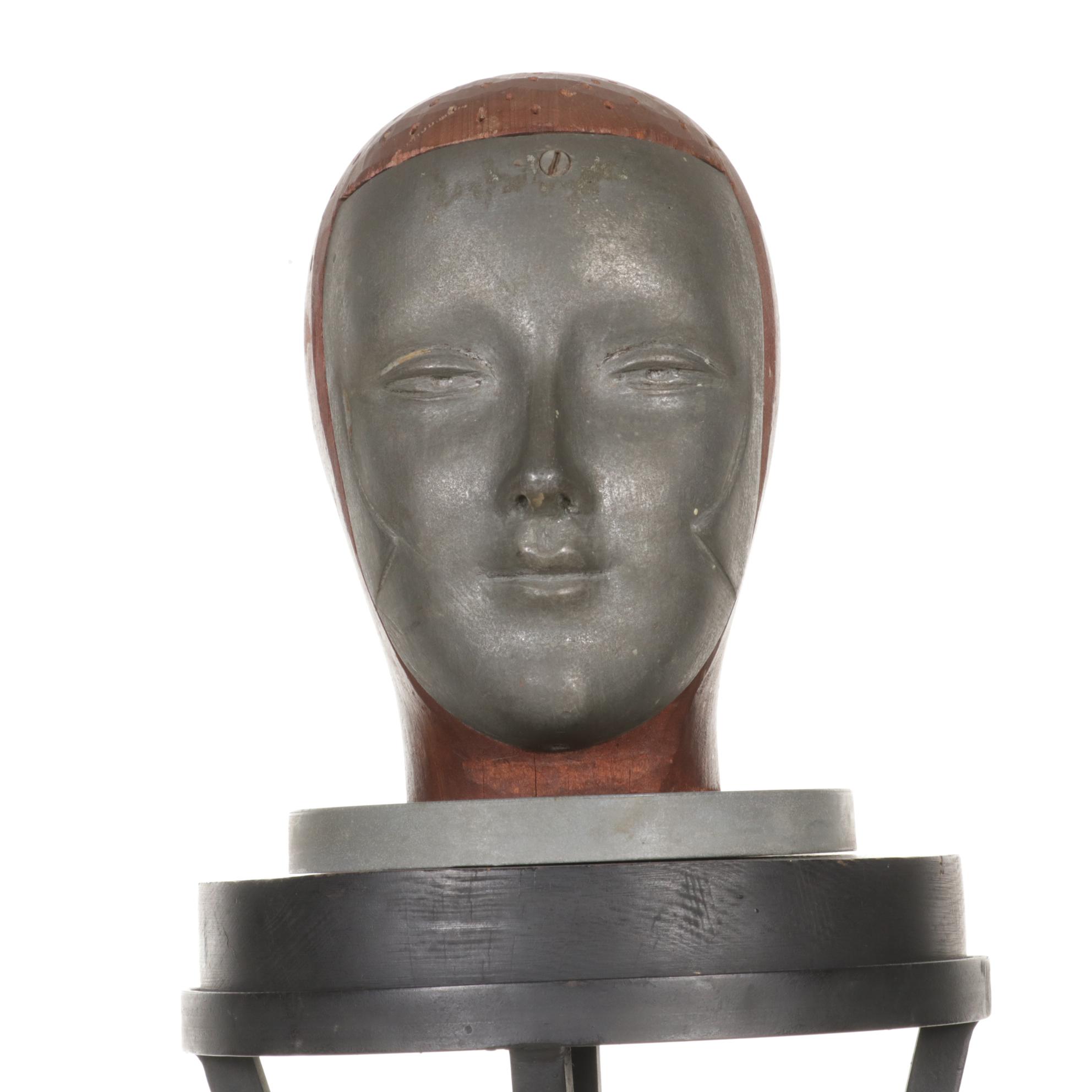 Iron Pedestal Stand with Metal and Wood Mannequin Head
