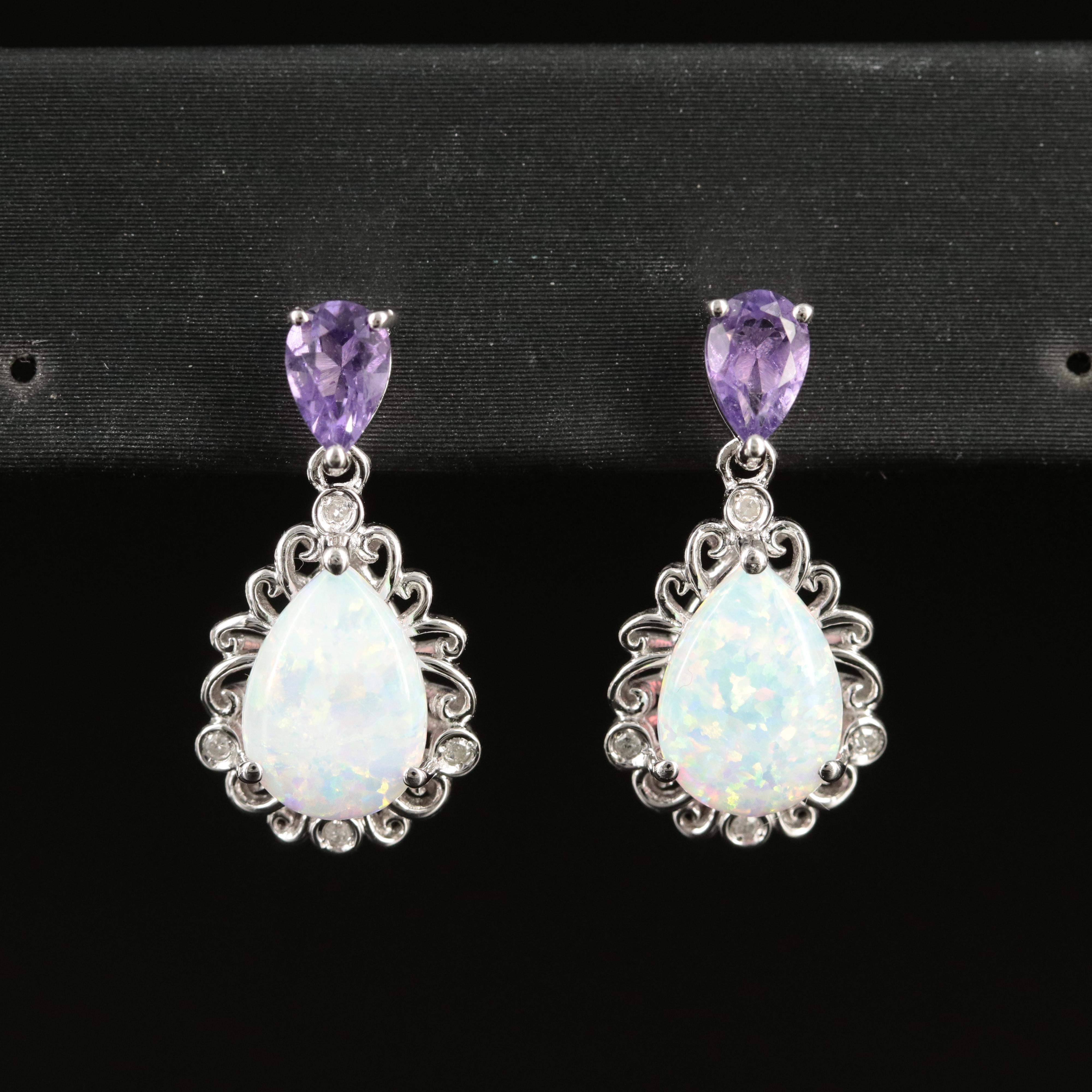 Sterling Opal, Amethyst and Diamond Earrings
