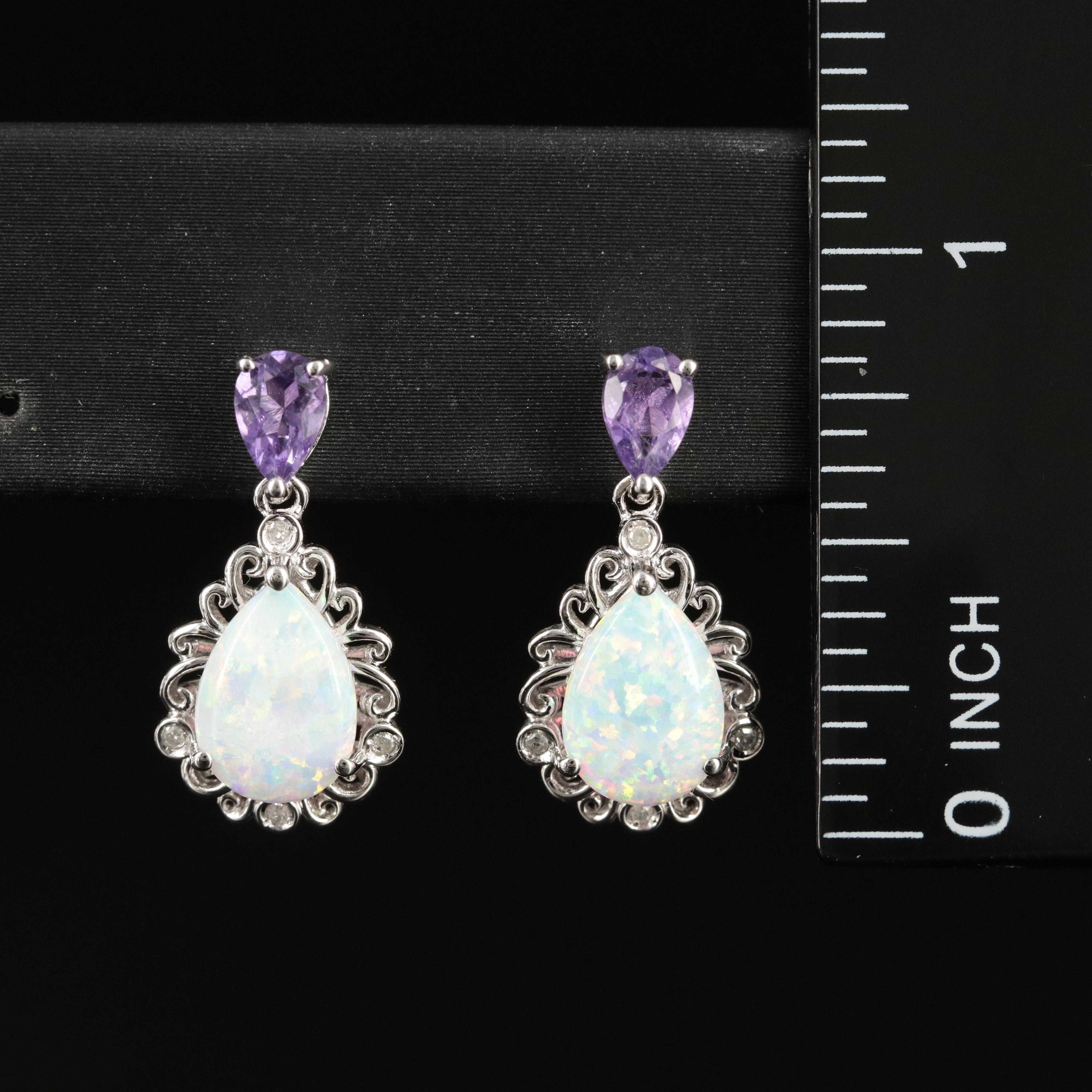 Sterling Opal, Amethyst and Diamond Earrings