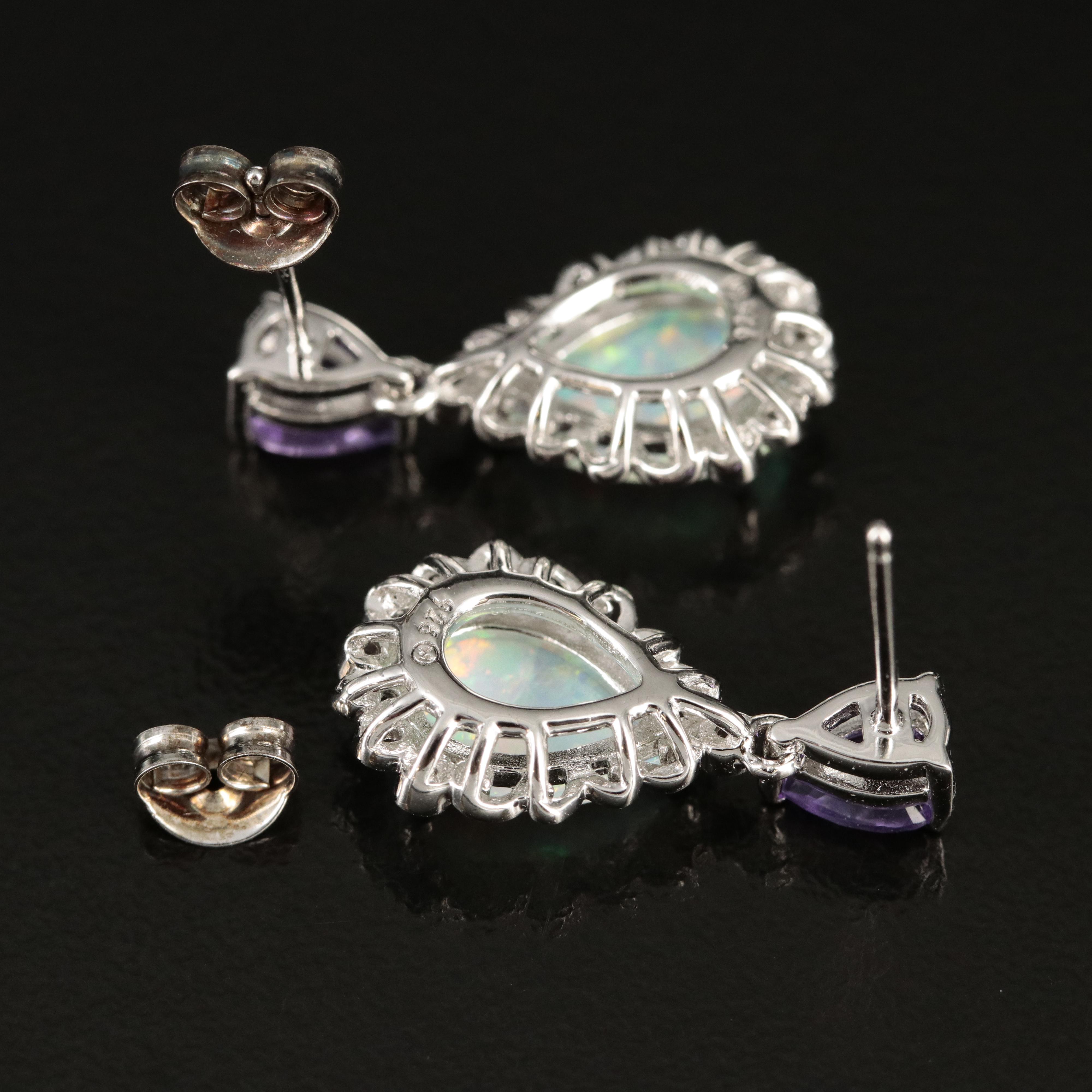 Sterling Opal, Amethyst and Diamond Earrings