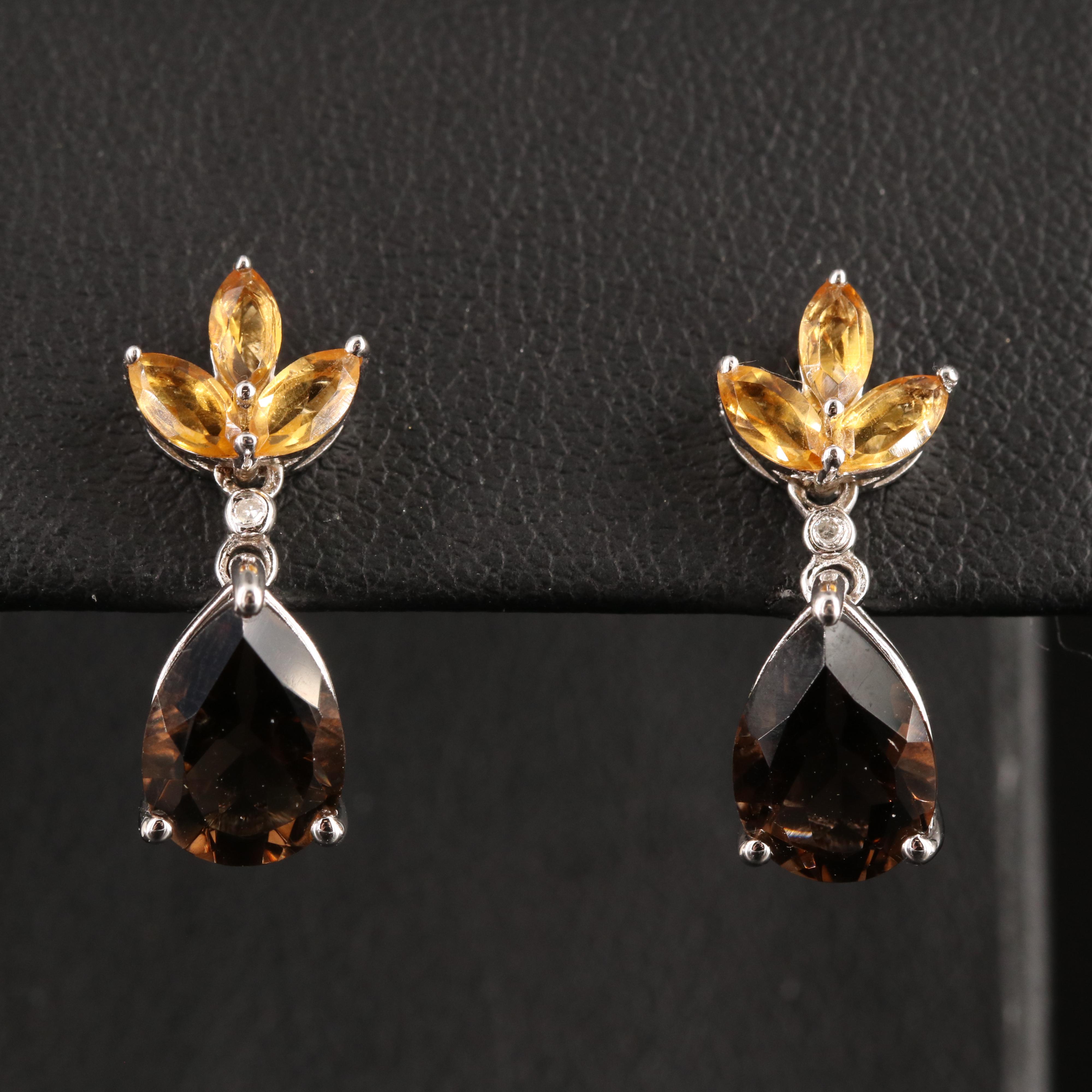 Sterling Smoky Quartz, Citrine and Diamond Earrings