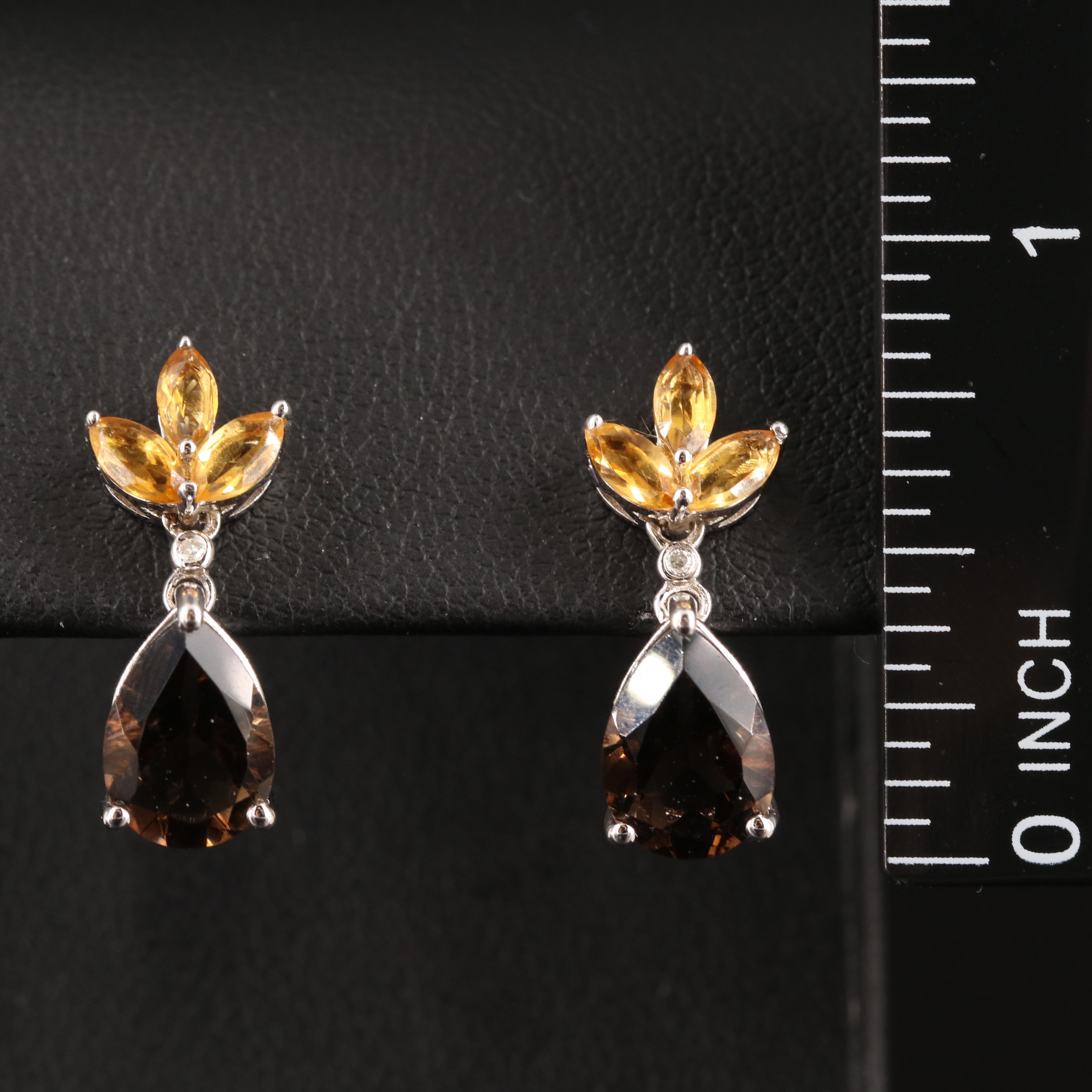 Sterling Smoky Quartz, Citrine and Diamond Earrings