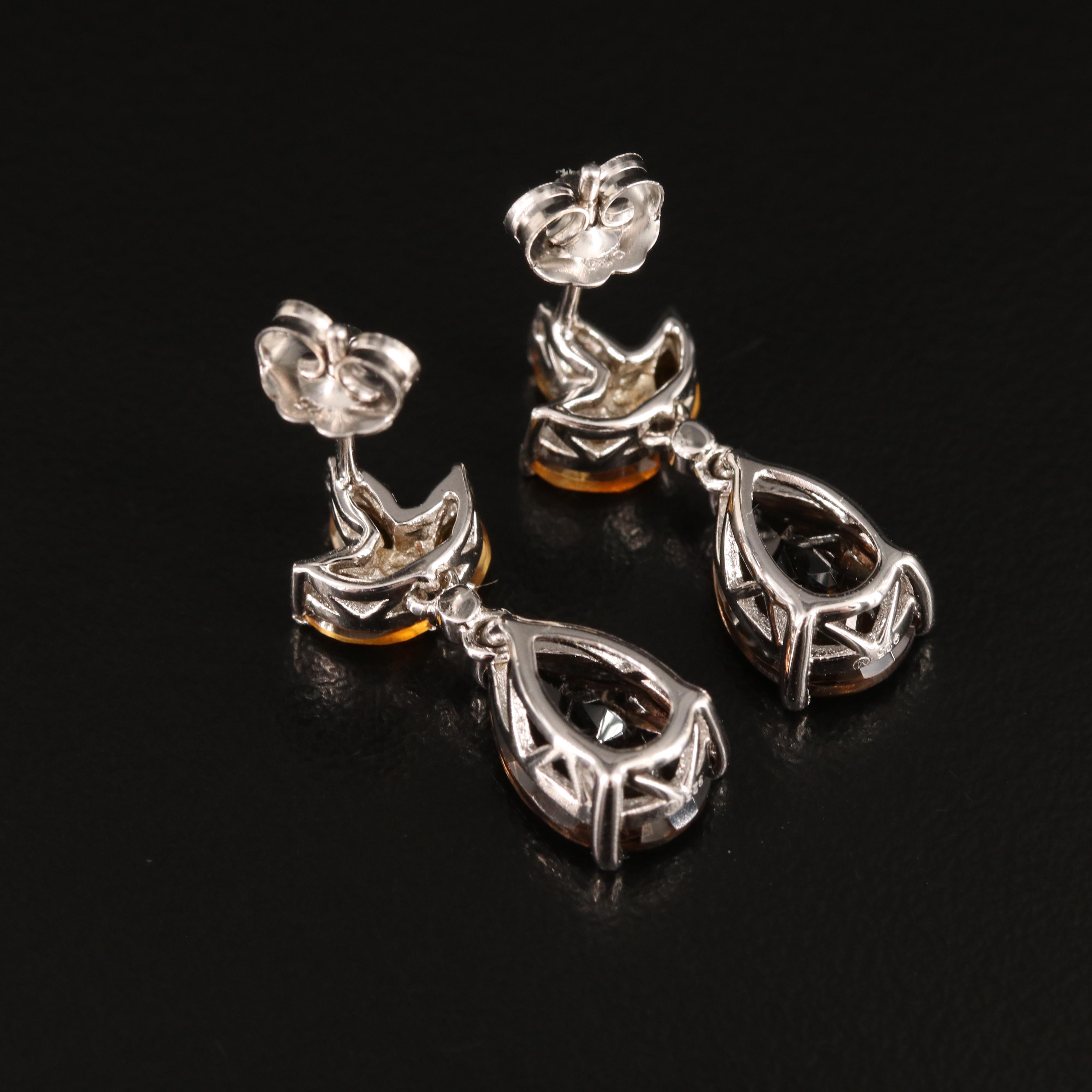 Sterling Smoky Quartz, Citrine and Diamond Earrings