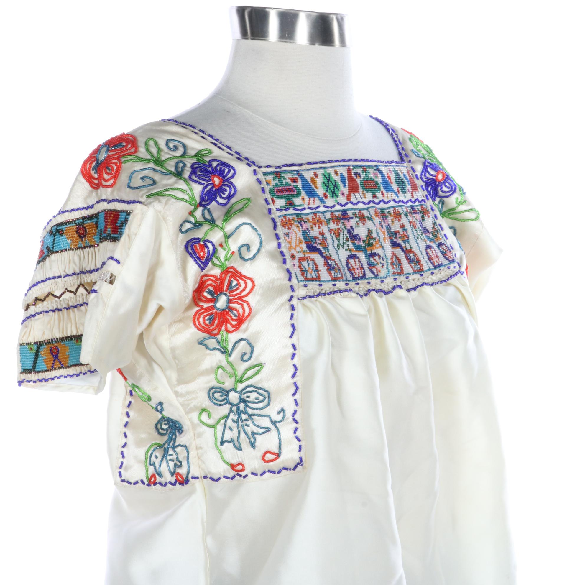 Vintage China Poblana Mexican Dress in Multicolor Beaded and Sequined Motifs