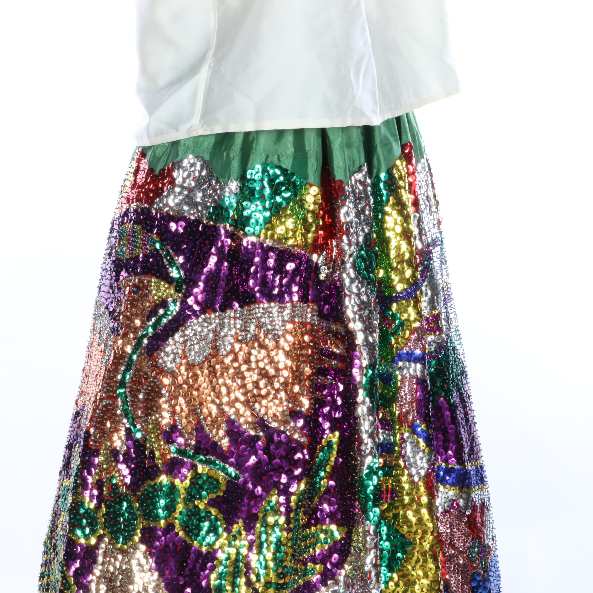 Vintage China Poblana Mexican Dress in Multicolor Beaded and Sequined Motifs